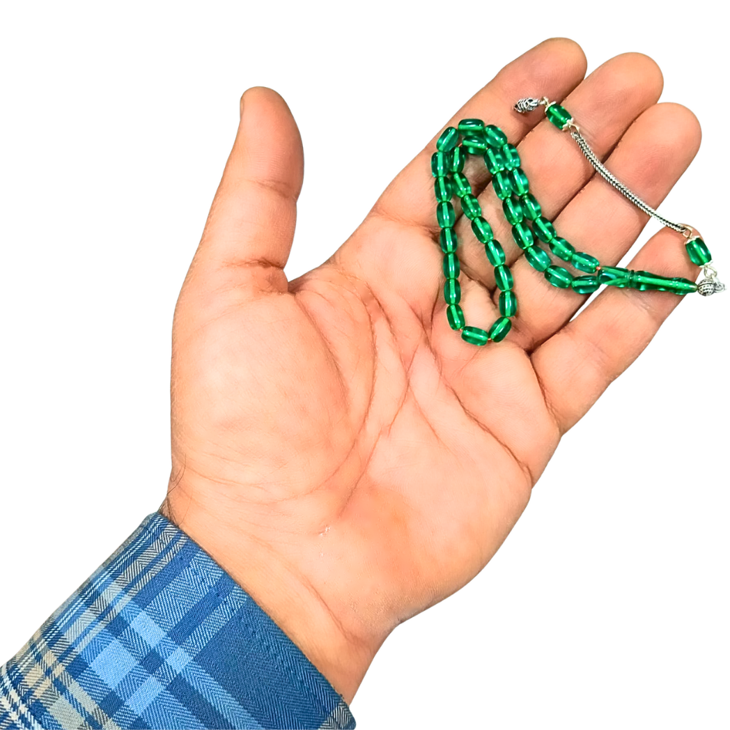 Gümüş Püsküllü Bilek Boy Kapsül Kesim Yeşil Sıkma Kehribar Tesbih 4,5 x 7,5 mm