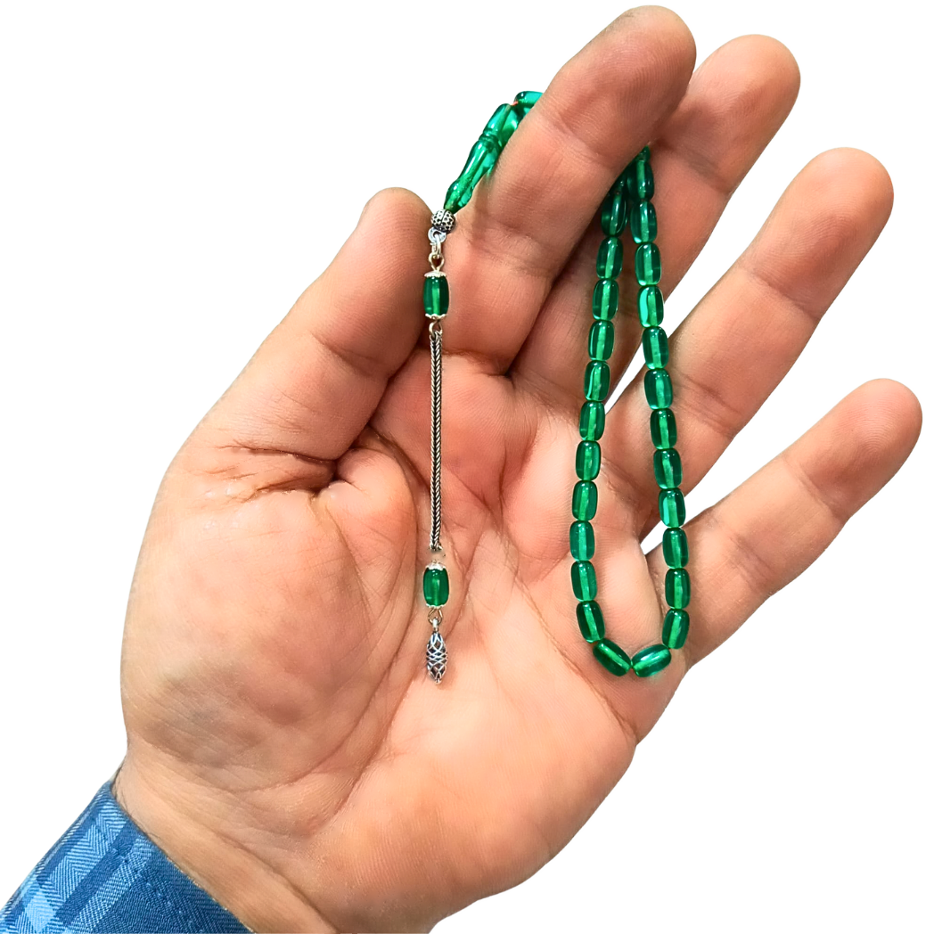 Gümüş Püsküllü Bilek Boy Kapsül Kesim Yeşil Sıkma Kehribar Tesbih 4,5 x 7,5 mm