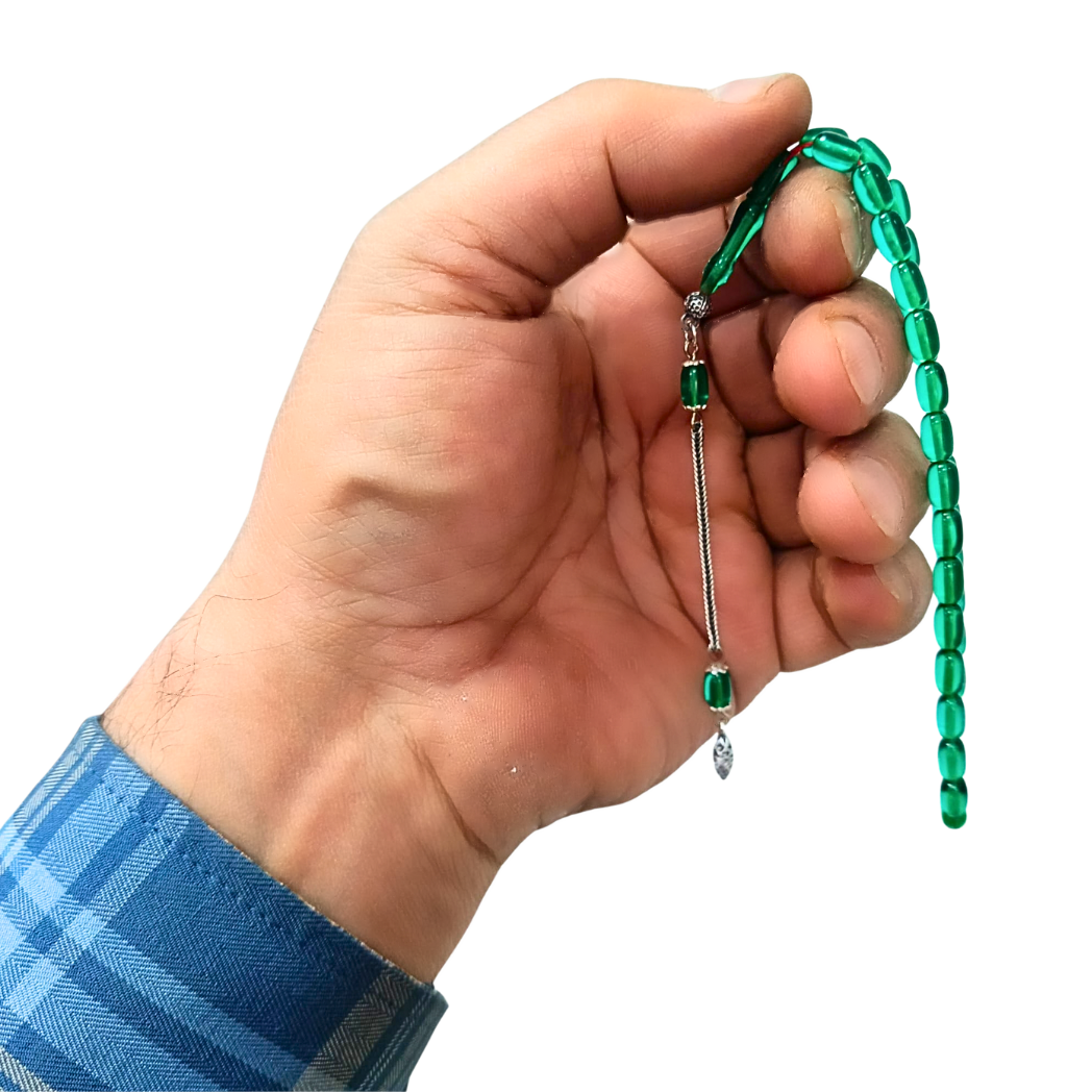 Gümüş Püsküllü Bilek Boy Kapsül Kesim Yeşil Sıkma Kehribar Tesbih 4,5 x 7,5 mm