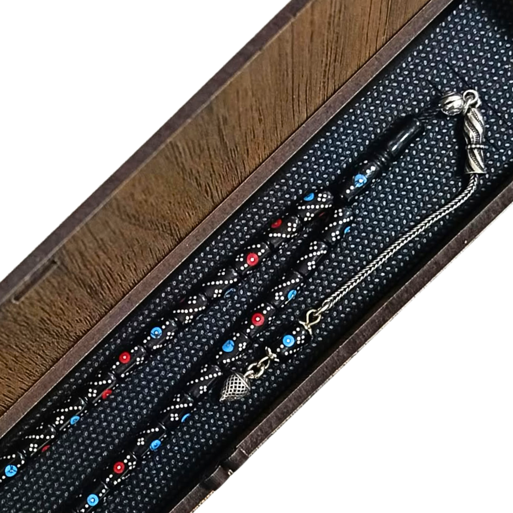 Firuze Mercan ve Gümüş İşlemeli Gümüş Püsküllü Gürcistan Oltu Tesbih 5 x 8 mm