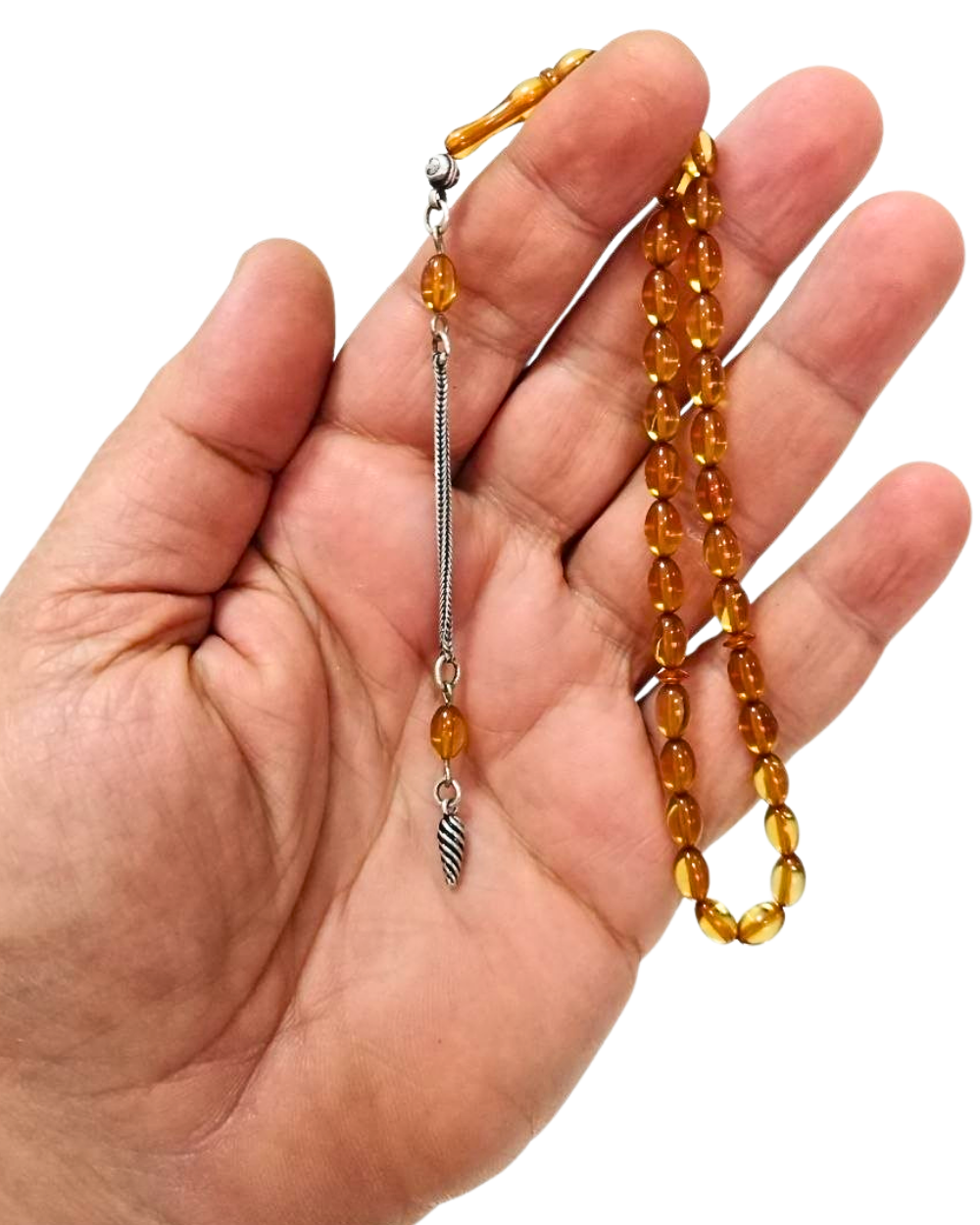 Gümüş Püsküllü Bilek Boy Oval Kesim Sarı Sıkma Kehribar Tesbih 5 x 7,5 mm