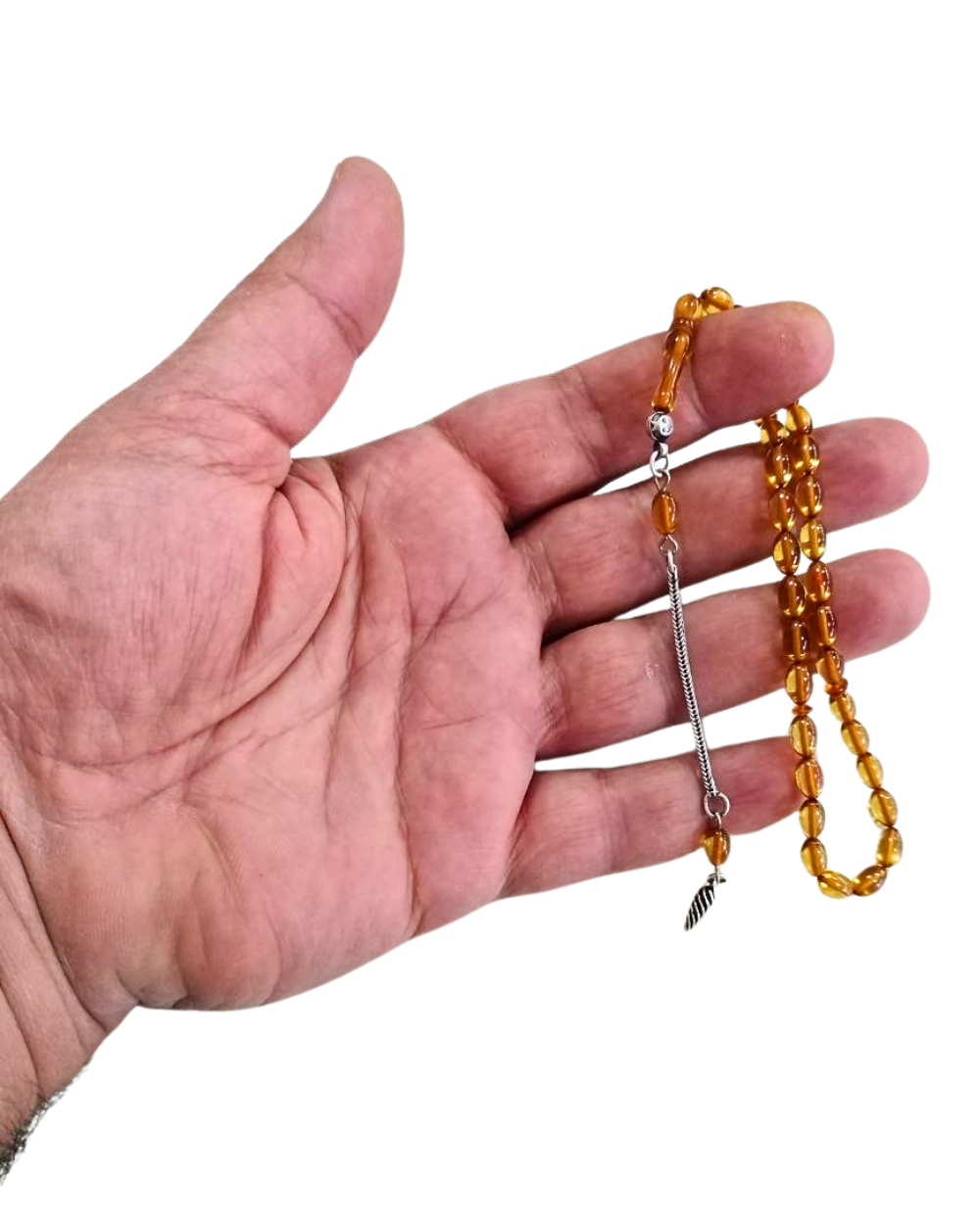 Gümüş Püsküllü Bilek Boy Oval Kesim Sarı Sıkma Kehribar Tesbih 5 x 7,5 mm