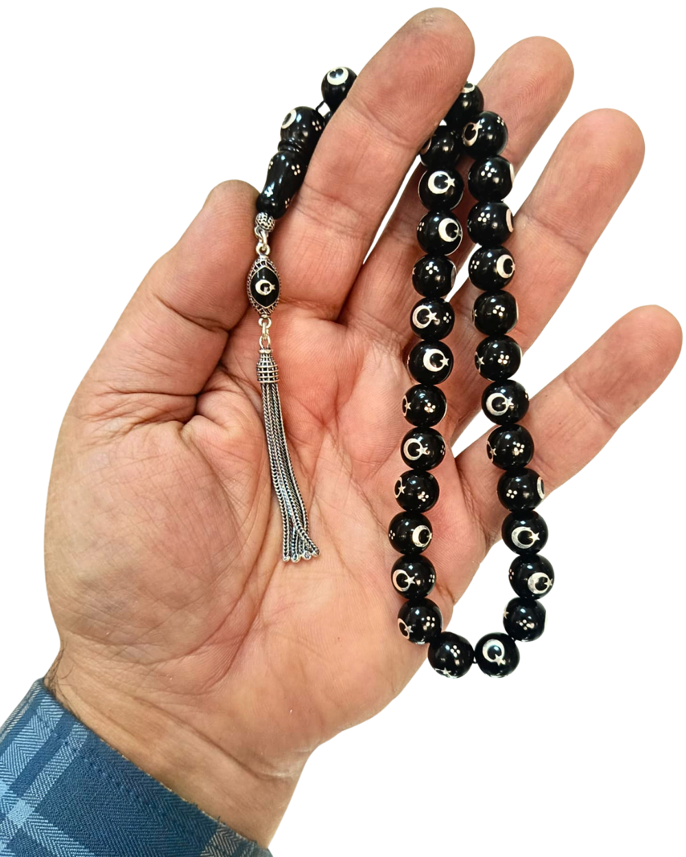 Gümüş Ayyıldız İşlemeli Gümüş Püsküllü Oltu Tesbih 10 mm