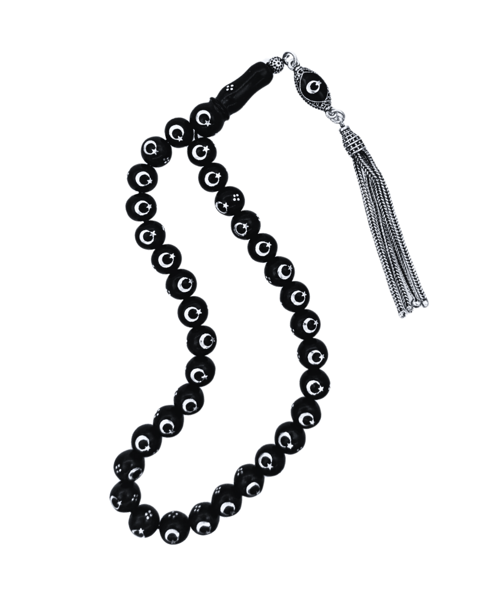 Silver Star and Crescent Engraved Silver Tasselled Oltu Prayer Beads Oltutaşı Market