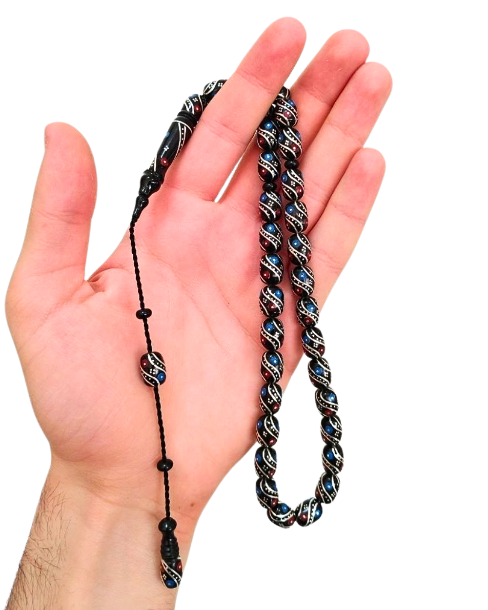 Firuze Mercan ve Gümüş İşlemeli Kapsül Kesim Erzurum Oltu Tesbih 8 X 11 mm