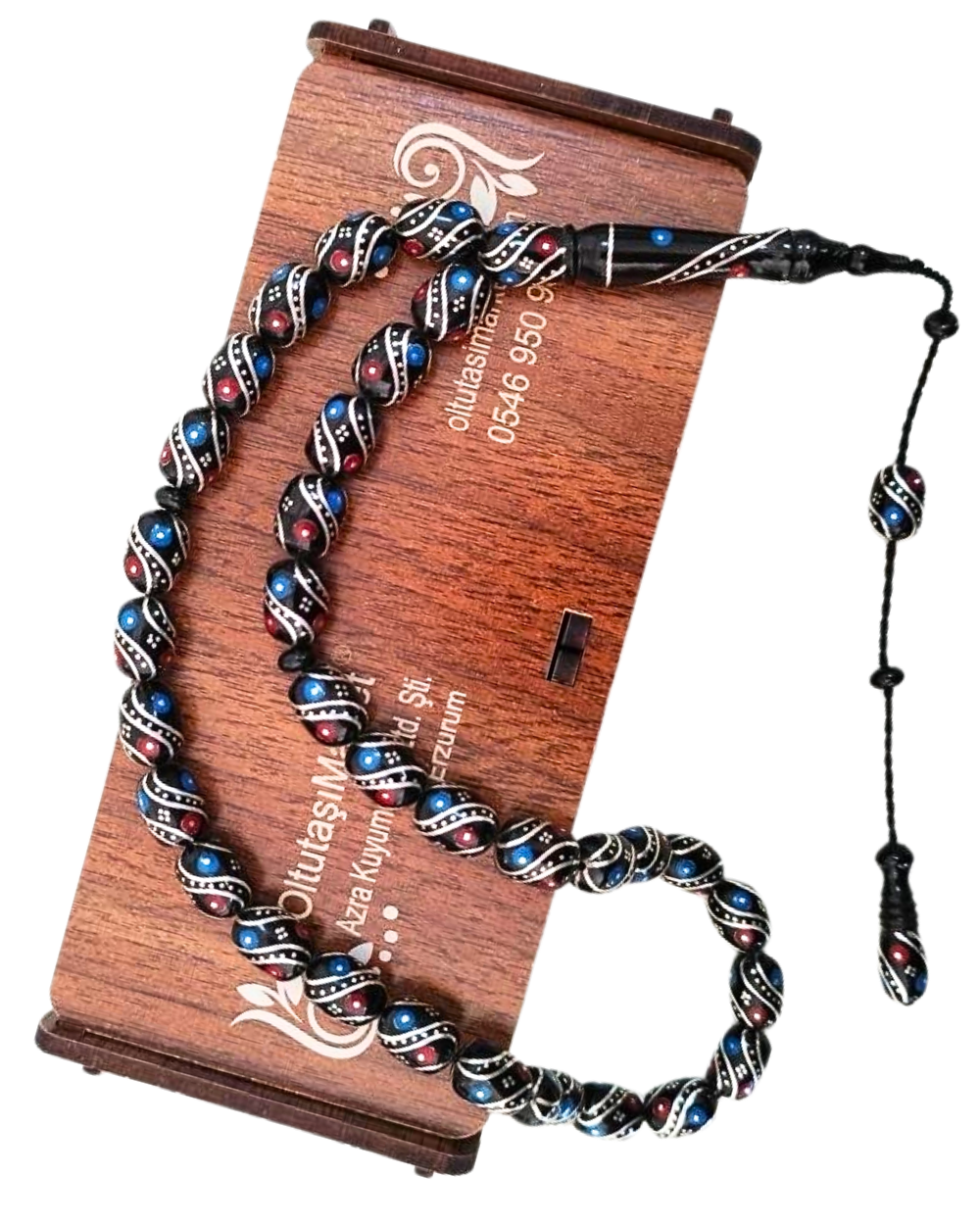 Firuze Mercan ve Gümüş İşlemeli Kapsül Kesim Erzurum Oltu Tesbih 8 X 11 mm