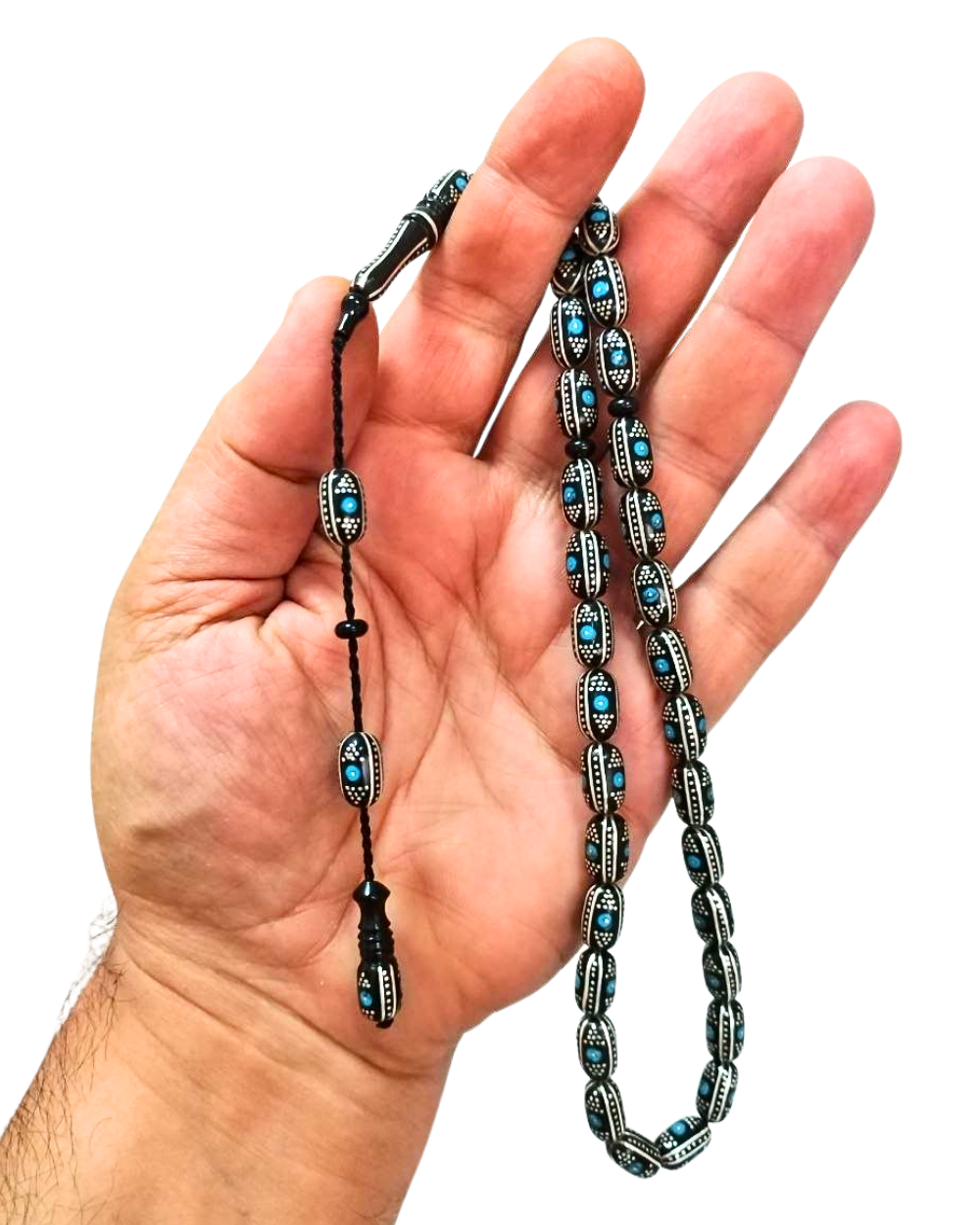 Firuze ve Gümüş İşlemeli Kapsül Kesim Erzurum Oltu Tesbih 7 X 12 mm
