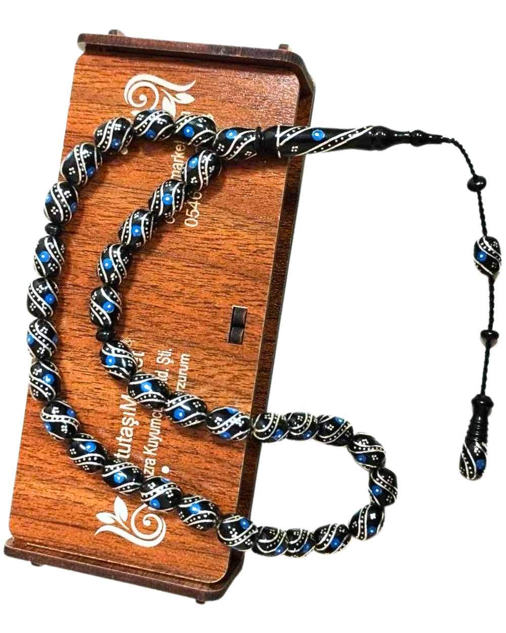 Firuze ve Gümüş İşlemeli Kapsül Kesim Erzurum Oltu Tesbih 8 X 11 mm