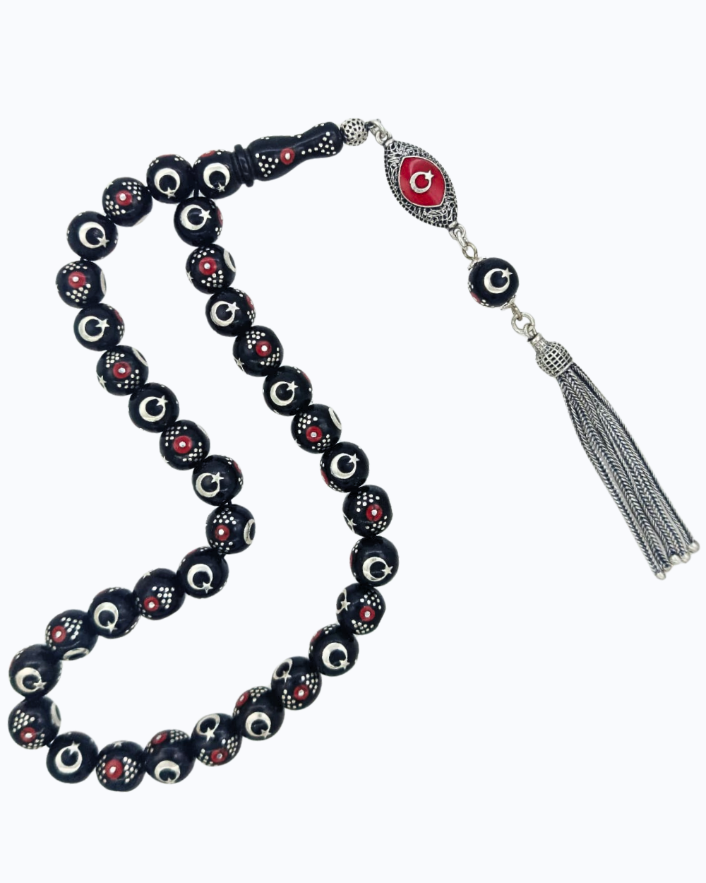 Gümüş Ayyıldız ve Mercan İşlemeli Oltu Tesbih
