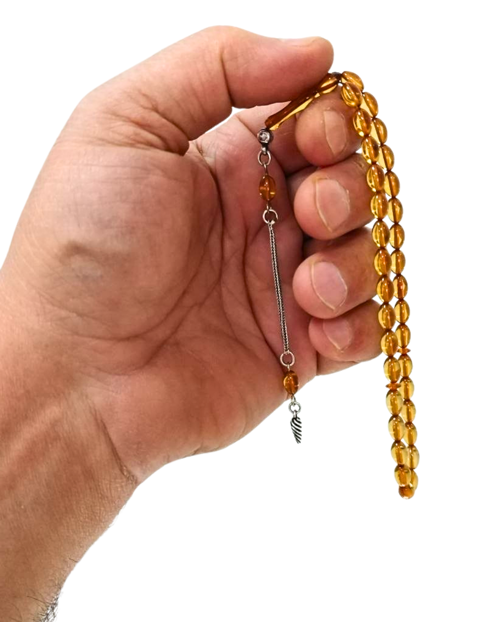 Gümüş Püsküllü Bilek Boy Oval Kesim Sarı Sıkma Kehribar Tesbih 5 x 7,5 mm