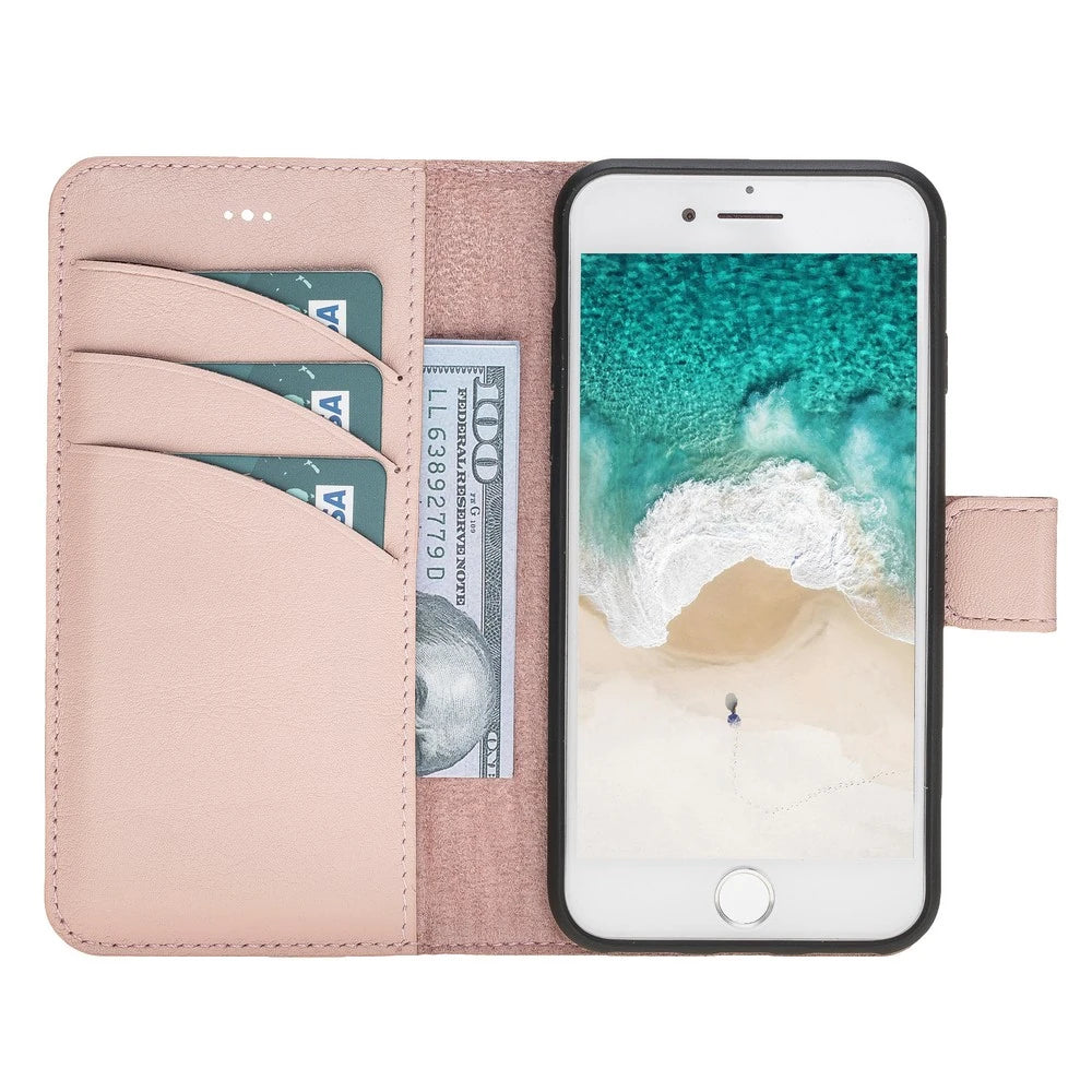 Apple iPhone 7-8-SE Uyumlu Deri Cüzdanlı Kılıf NU2 Pembe