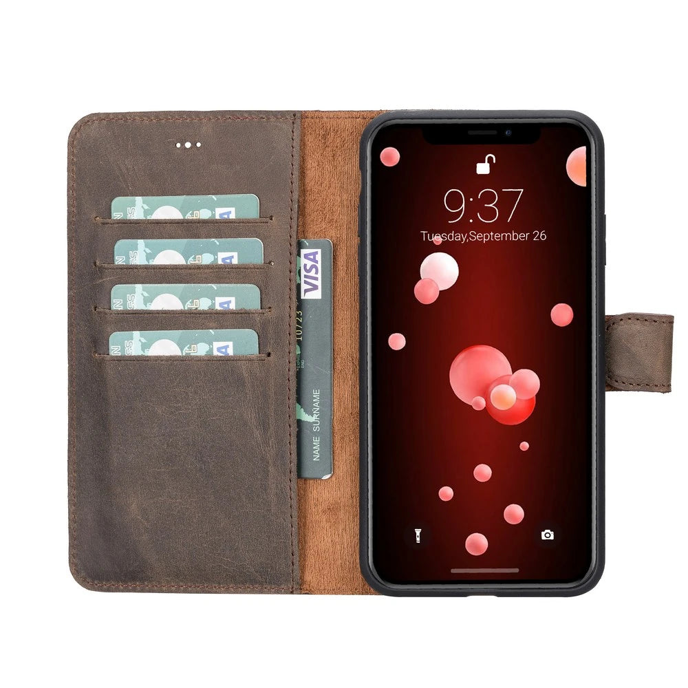 Apple iPhone XS Max Uyumlu Deri Cüzdanlı Kılıf Kahverengi