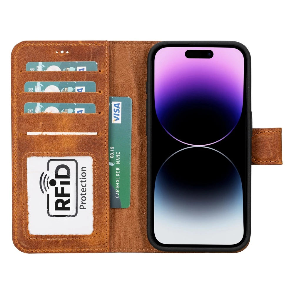 Apple iPhone 15 Pro Uyumlu Deri Cüzdanlı Kılıf MWWN G19 Taba