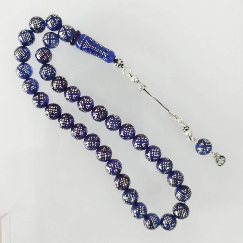 Silver Engraved Navy Fire Amber Prayer Beads