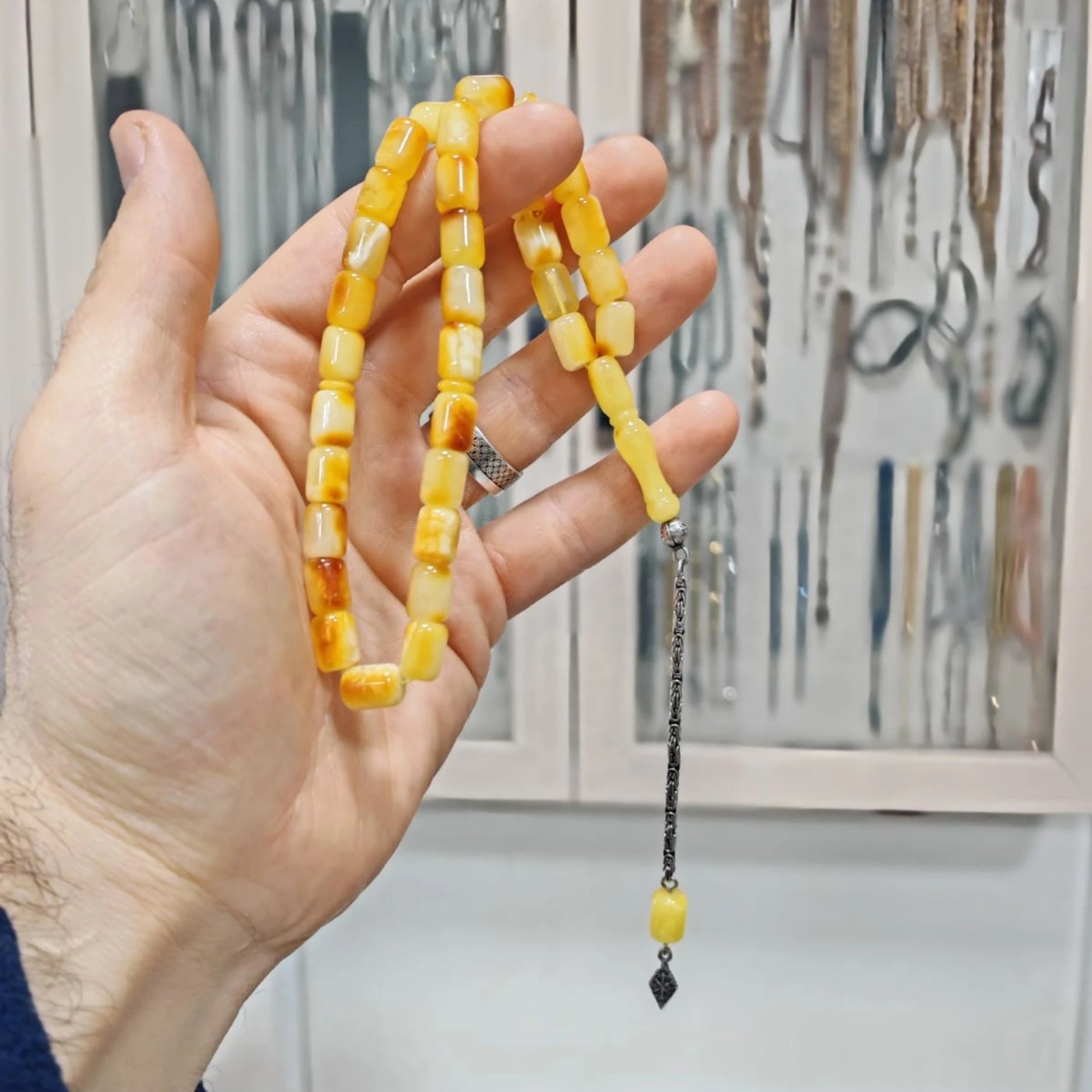Kapsül Kesim Doğal Kaya Damla Kehribar Tesbih 7 x 10 mm
