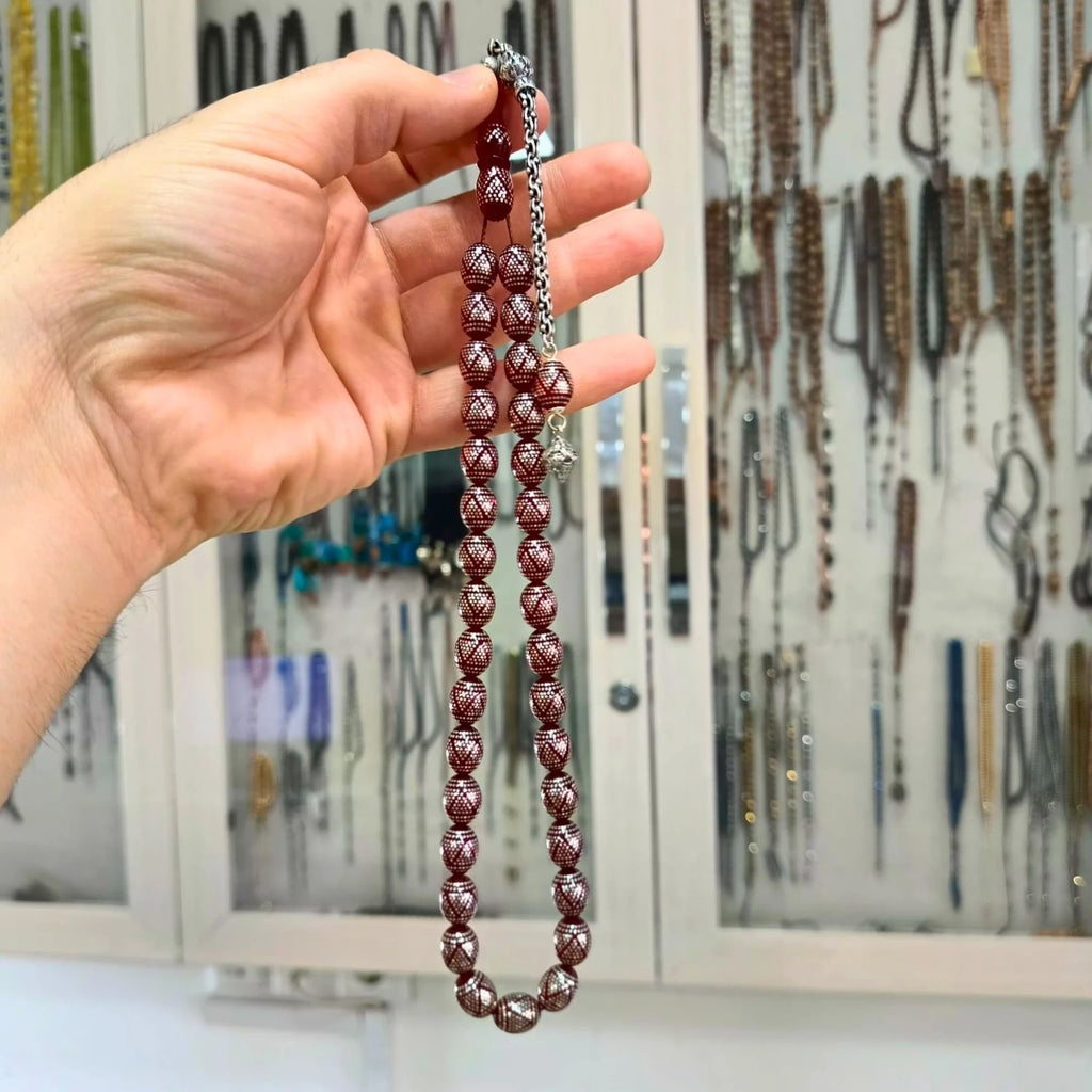 Yoğun Gümüş İşlemeli Sıkma Kırmızı Kehribar Tesbih