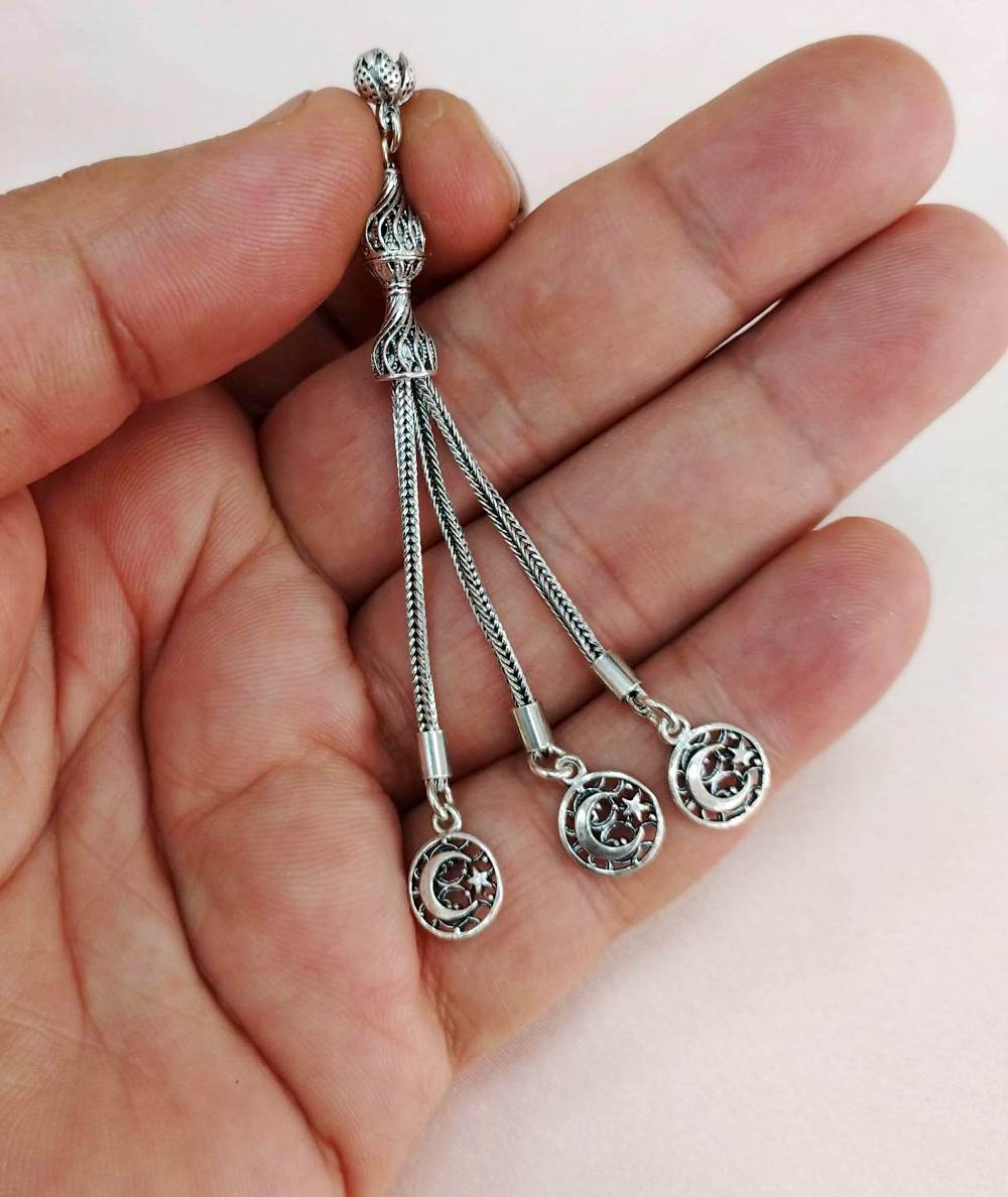 Ayyıldız 925 Ayar Gümüş Üç Dal Tesbih Püskülü 8 cm