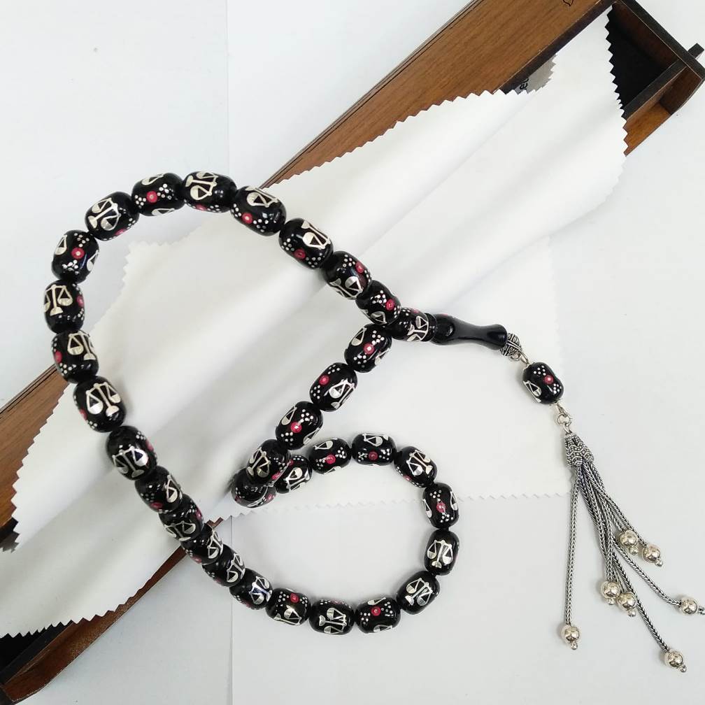 Koleksiyonluk Special Üretim Adalet Terazisi Patterned Oltu Stone Prayer Beads 8,5 x 11,5 mm