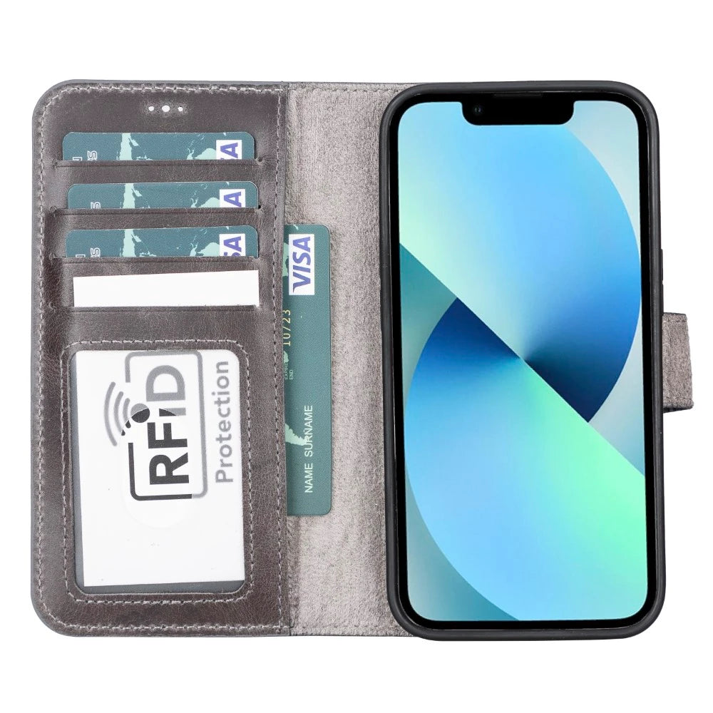 Apple iPhone 13 Pro Uyumlu Deri Cüzdanlı Kılıf MWWN TN1 Gri
