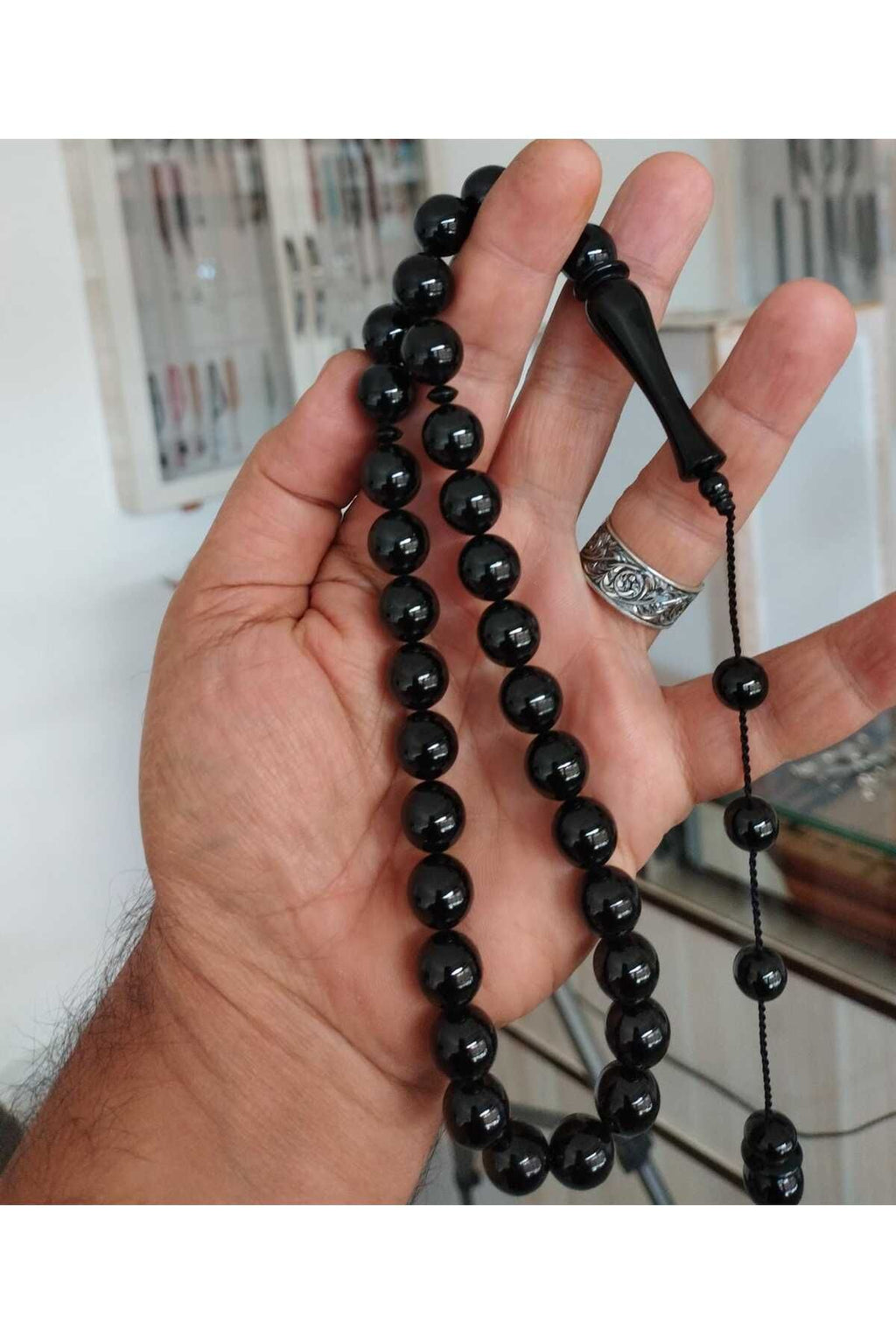 Sertifikalı Erzurum Oltu Taşı Küre Kesim Sistemli Kumpaslı Sade Tesbih 12 mm