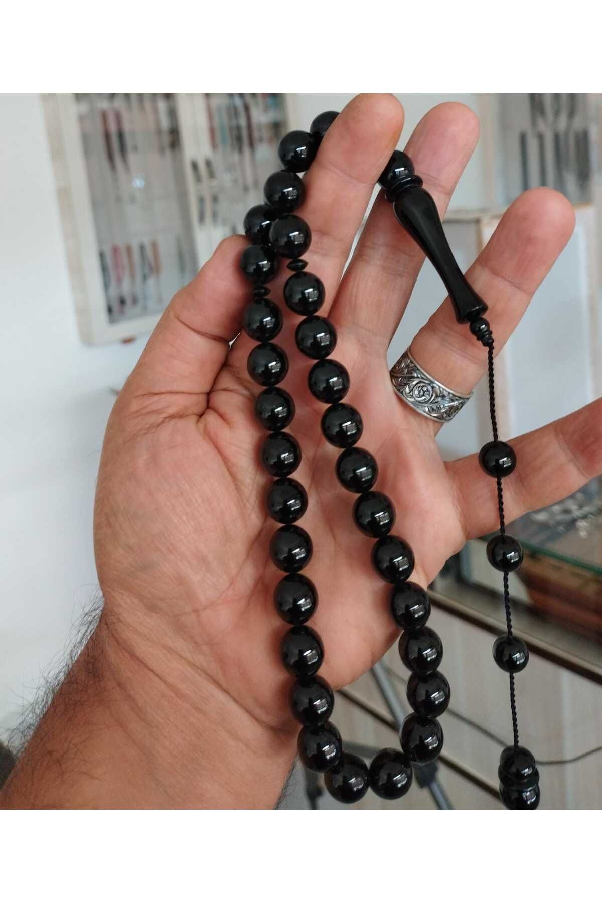 Sertifikalı Erzurum Oltu Taşı Küre Kesim Sistemli Kumpaslı Sade Tesbih 12 mm