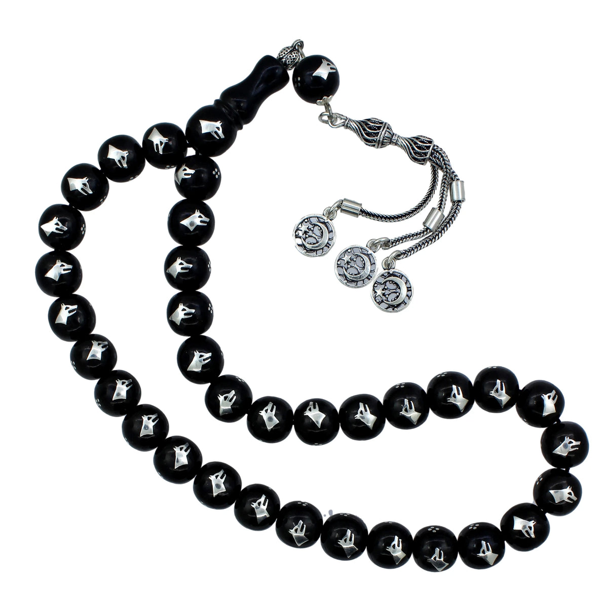 Grey Wolf Patterned 1000 K Silver Engraved Oltu Prayer Beads