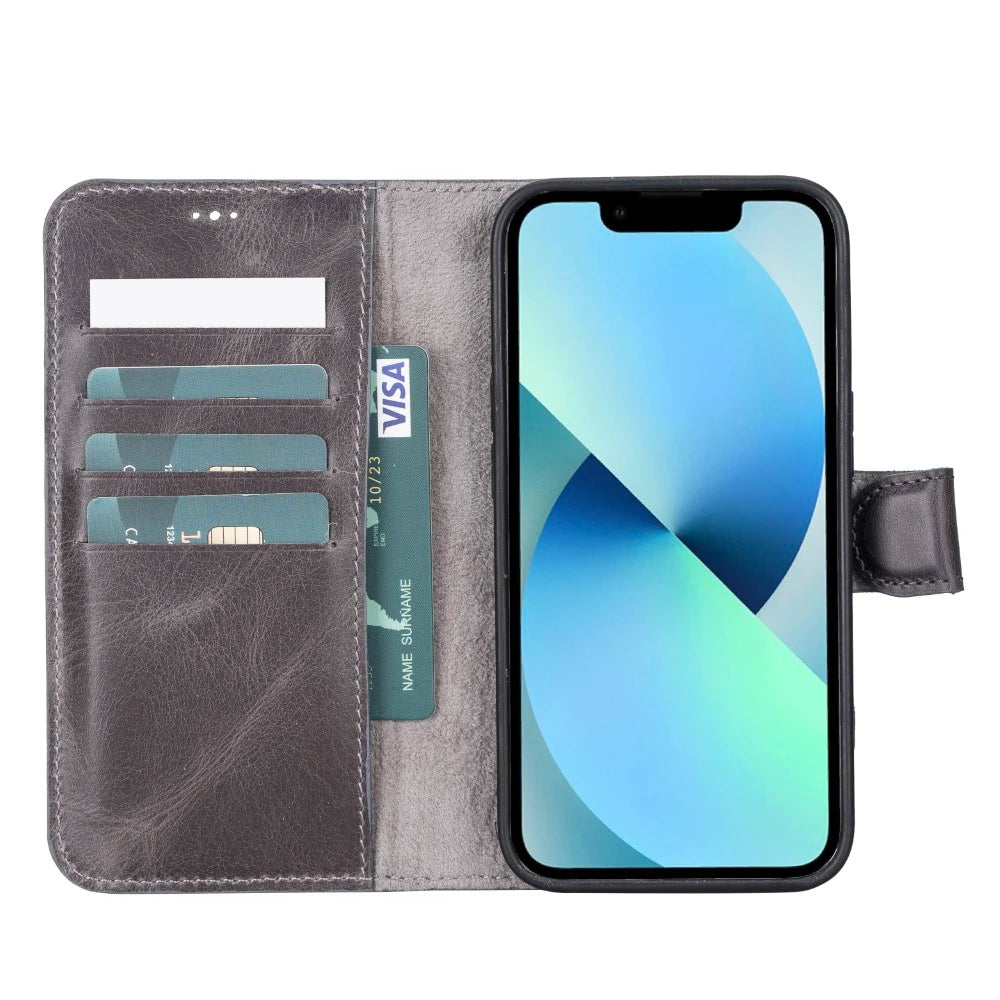 Apple iPhone 13 Pro Uyumlu Deri Cüzdanlı Kılıf VS4EF Gri
