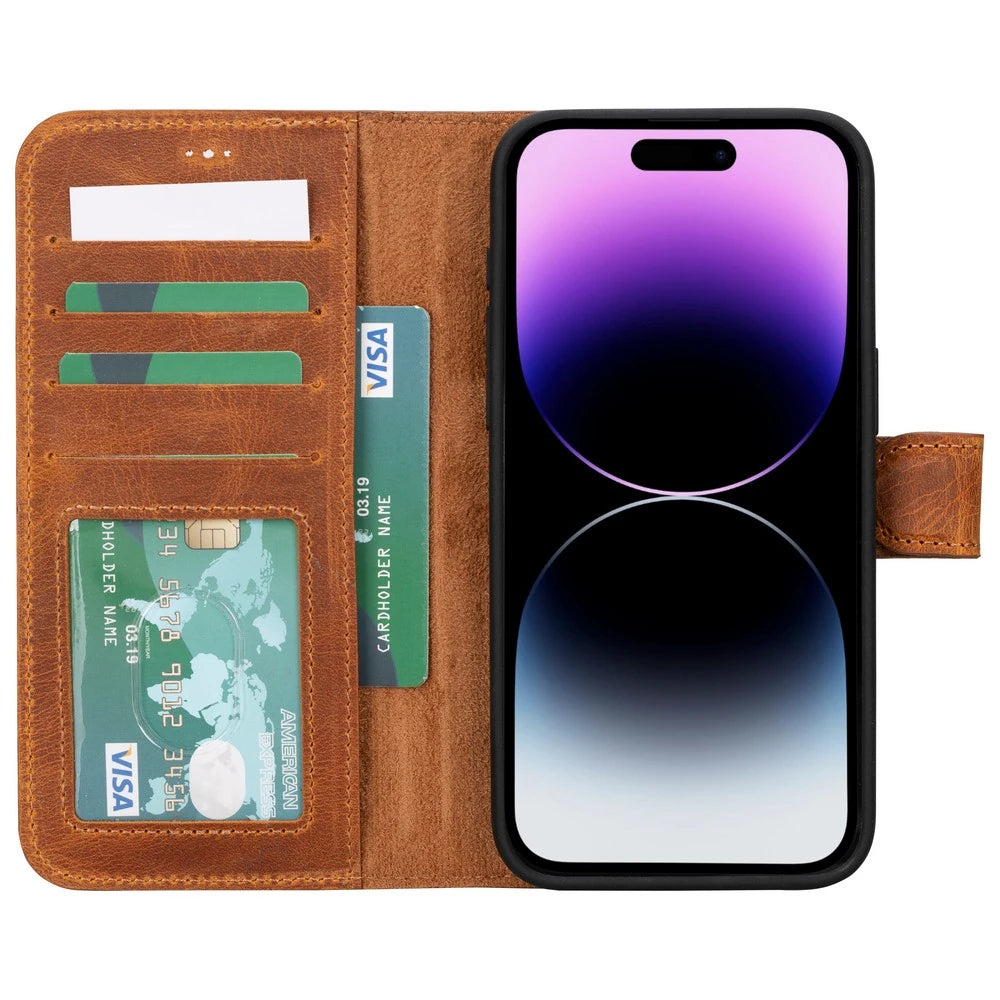Apple iPhone 15 Pro Max Uyumlu Deri Cüzdanlı Kılıf MWWN G19 Taba