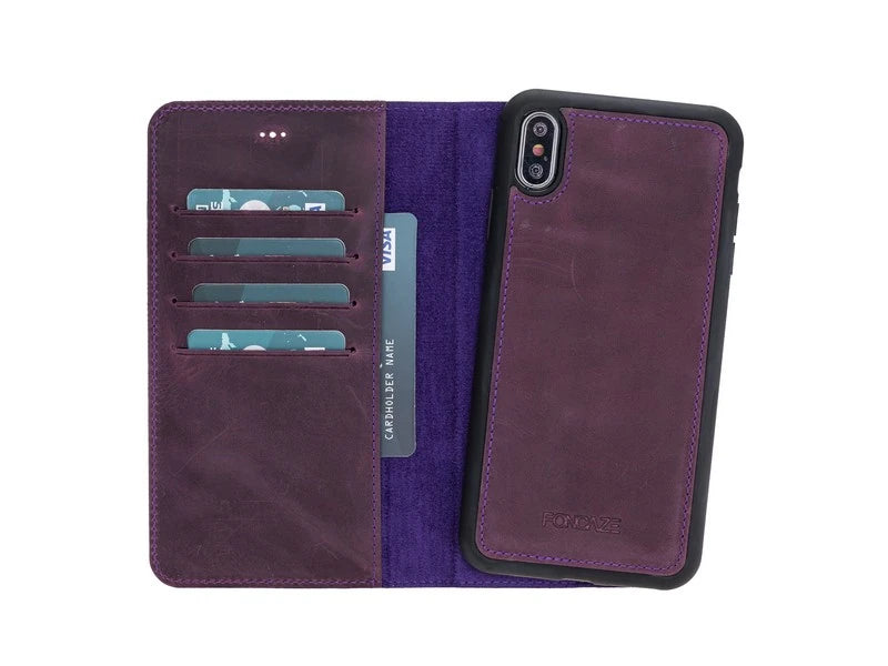 Apple iPhone XS Max Uyumlu Deri Cüzdanlı Kılıf Foncaze G7 Mor