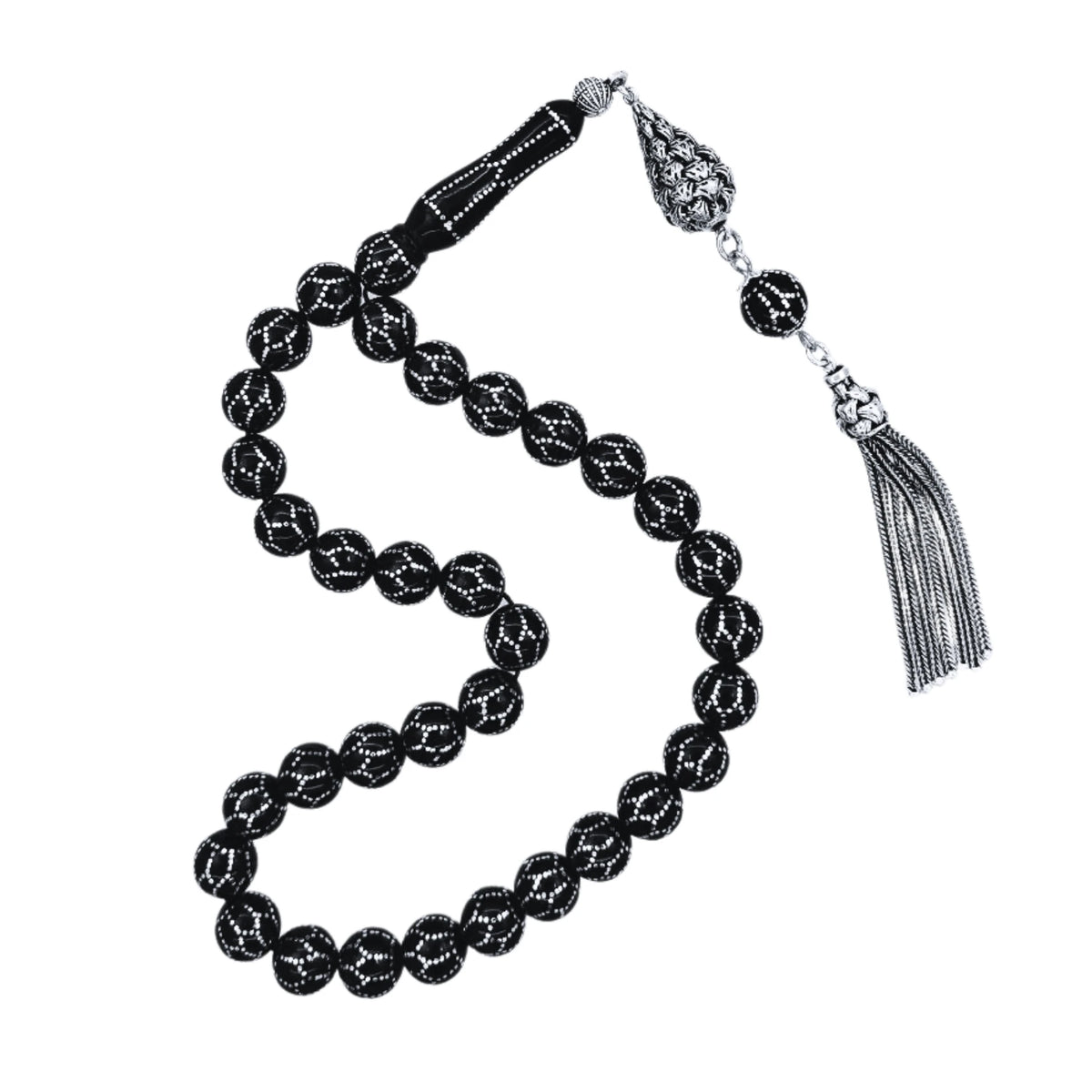 Special Design Yoğun Silver Engraved Certified Erzurum Oltu Stone Prayer Beads 10 mm