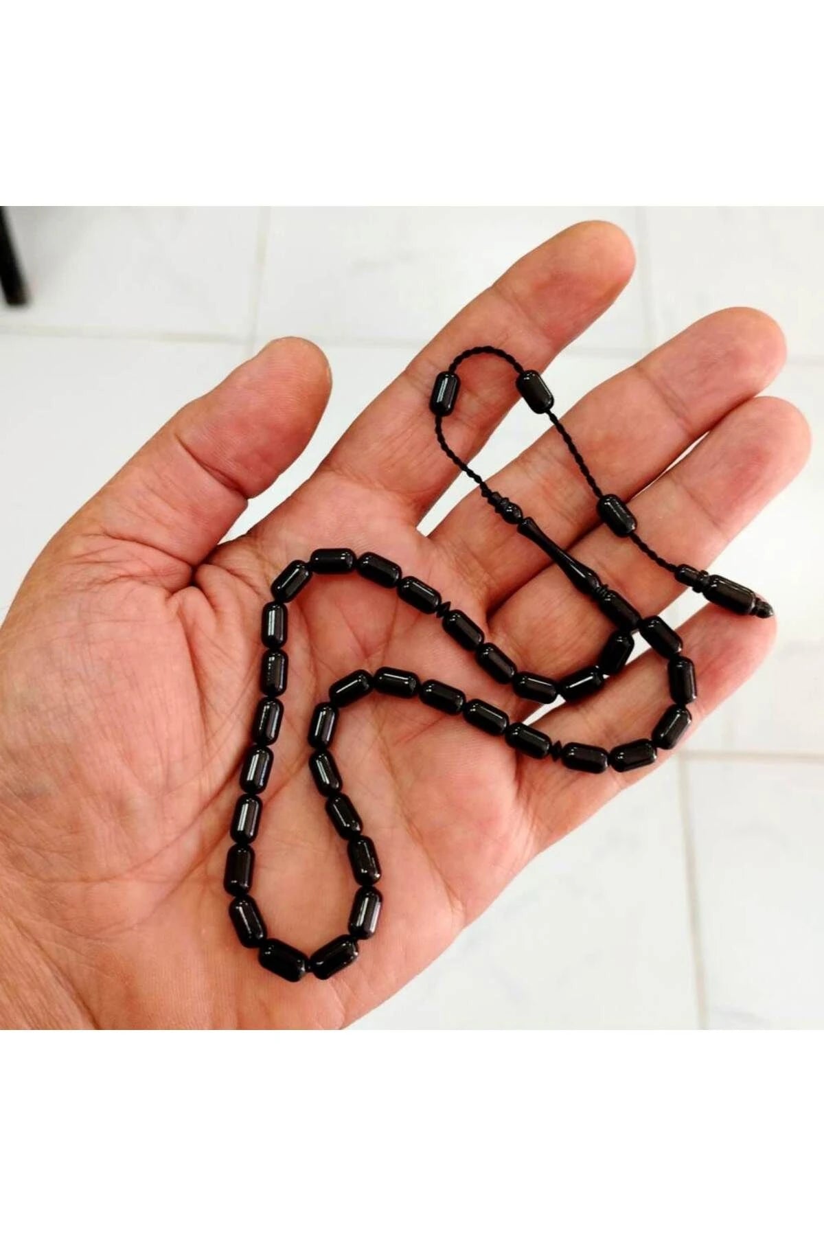 Erkek Siyah Kapsül Kesim Erzurum Oltu Taşı Tesbih Sistemli Kumpaslı 5 X 9 Mm