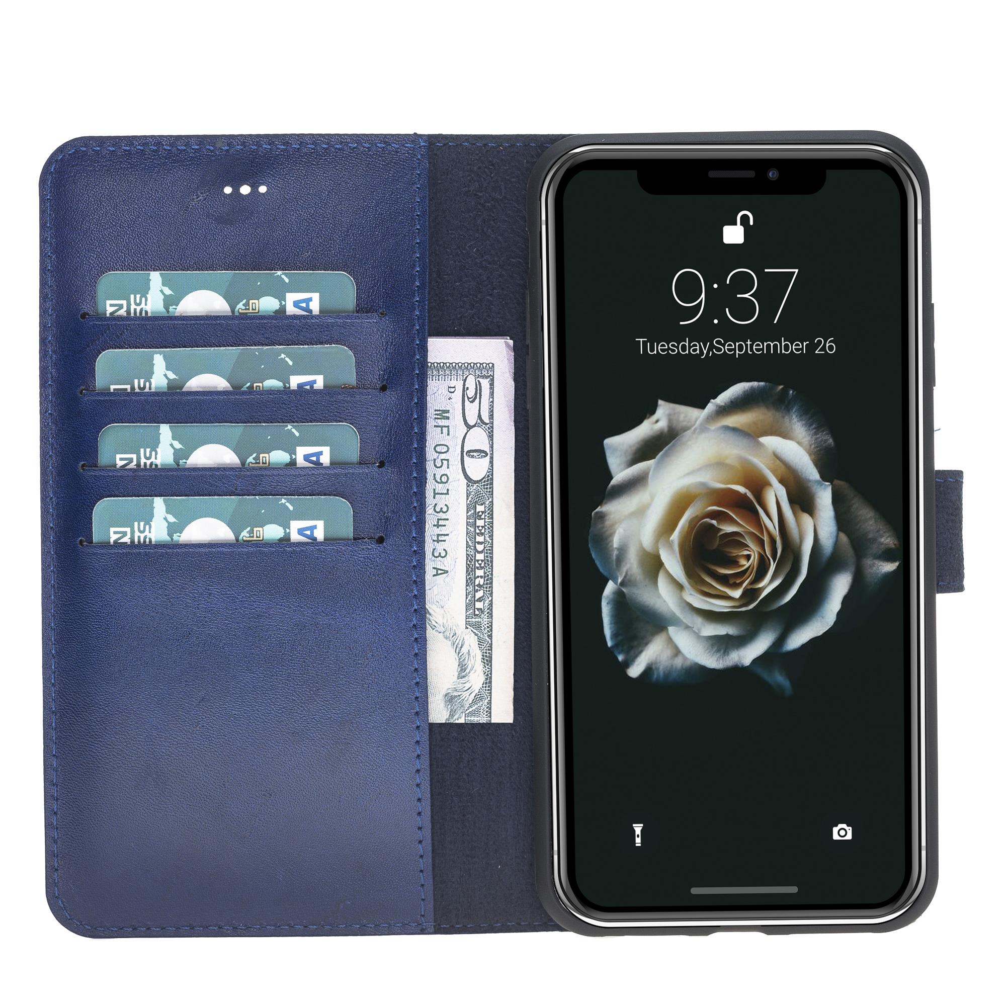 Apple iPhone XS Max Uyumlu Deri Cüzdanlı Kılıf V3 Mavi