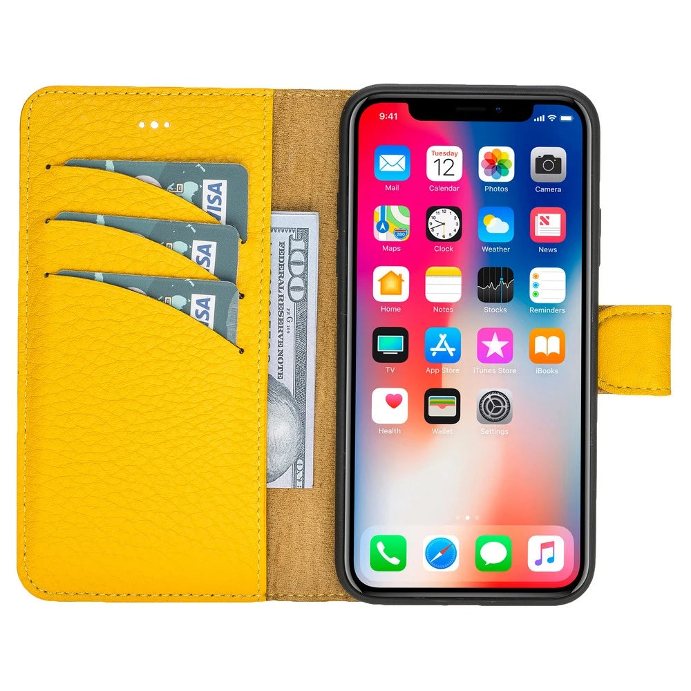 Apple iPhone X-XS Uyumlu Deri Cüzdanlı Kılıf FL12 Sarı