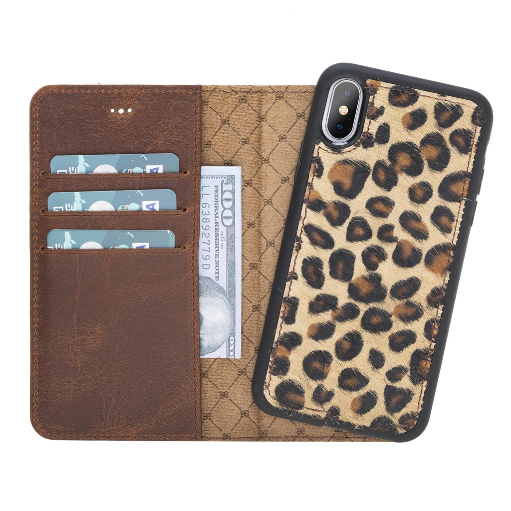 Apple iPhone XS Max Uyumlu Deri Cüzdanlı Kılıf Leopar