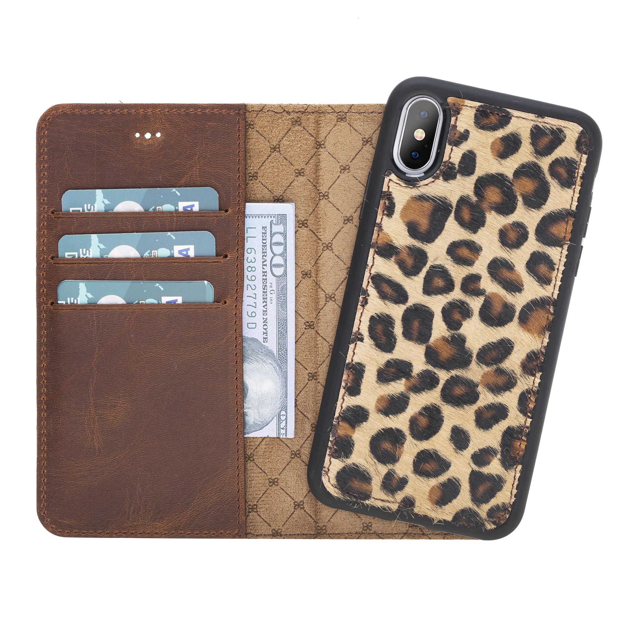 Apple iPhone XS Max Uyumlu Deri Cüzdanlı Kılıf Leopar