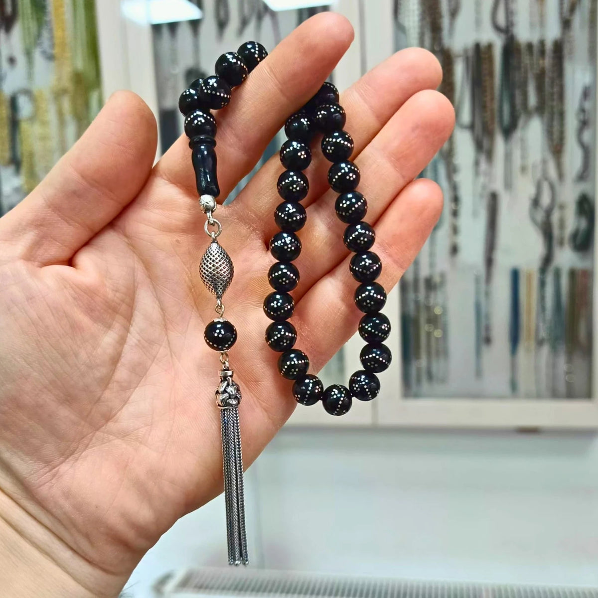 Silver Engraved Silver Tasselled Oltu Prayer Beads