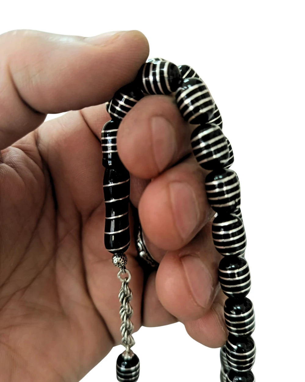 Gümüş Helezon İşlemeli Sertifikalı Erzurum Oltu Taşı Tesbih 8 X 12 mm