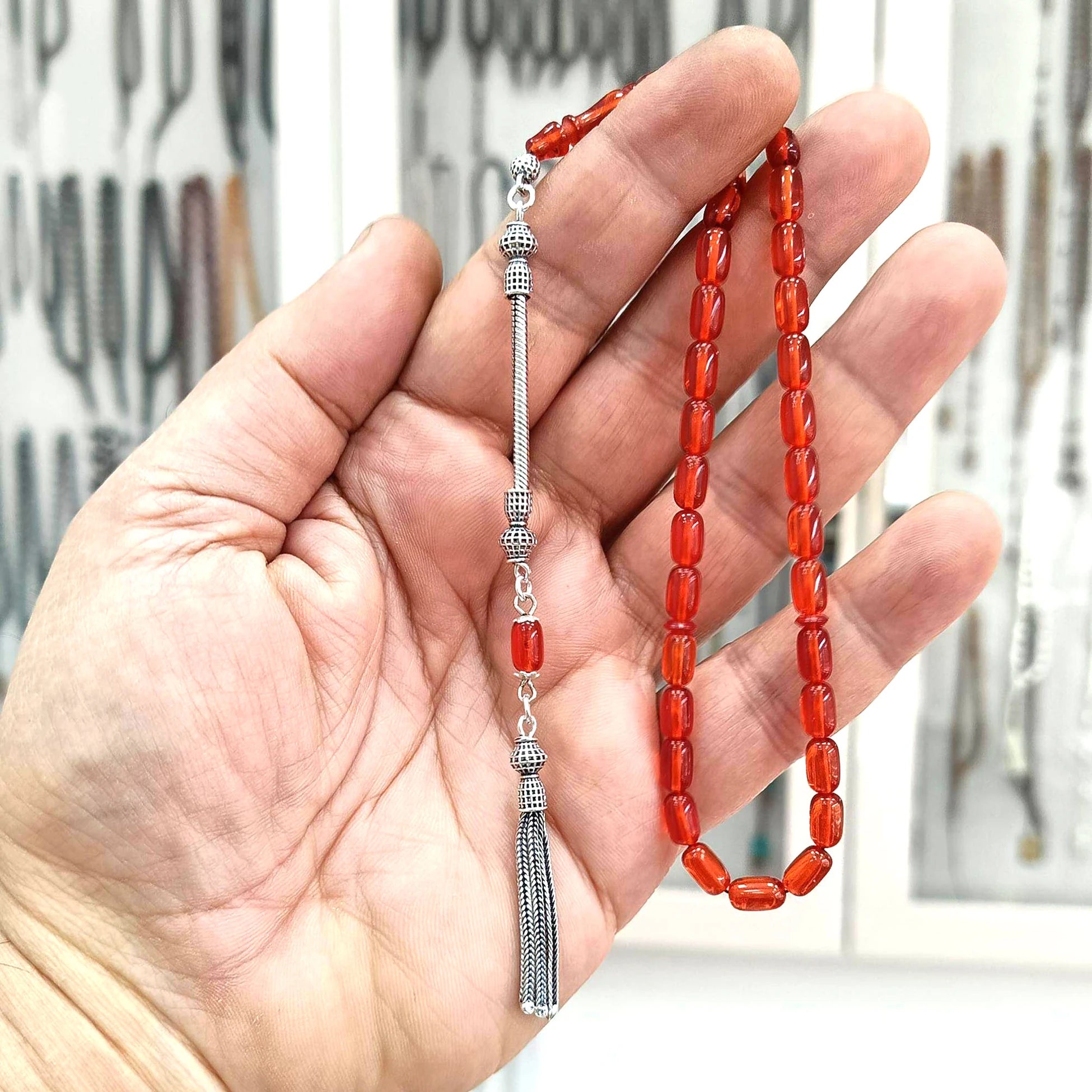 925 Ayar Gümüş Püsküllü Kapsül Kesim Sıkma Ateş Kehribar Tesbih 5 x 8 mm