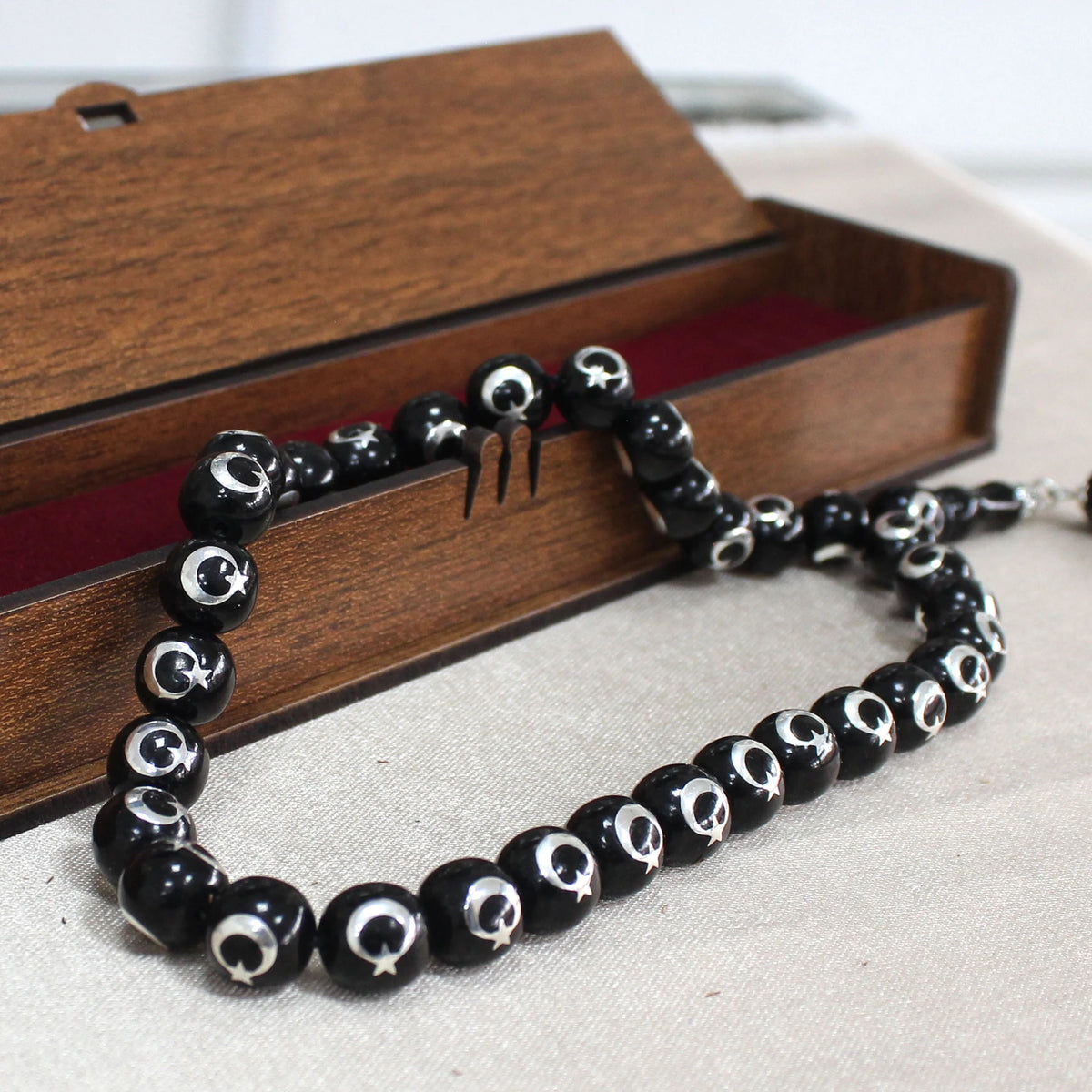 Silver Star and Crescent Engraved Silver Tasselled Erzurum Oltu Stone Prayer Beads