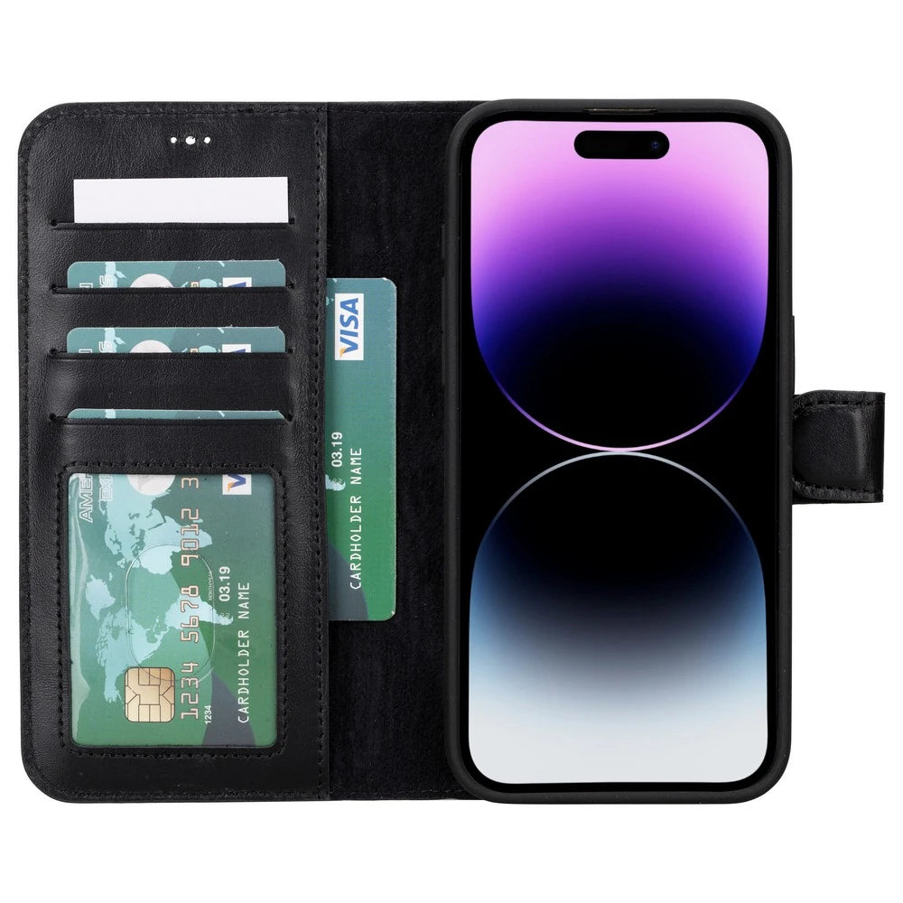 Apple iPhone 15 Pro Max Uyumlu Deri Cüzdanlı Kılıf MWWN RST1 Siyah