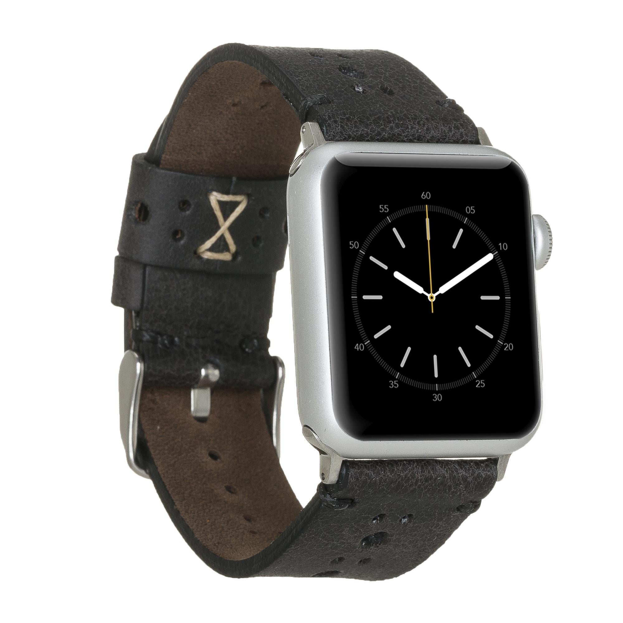 Apple Watch Uyumlu Deri Kordon 42-44-45mm Delikli Siyah