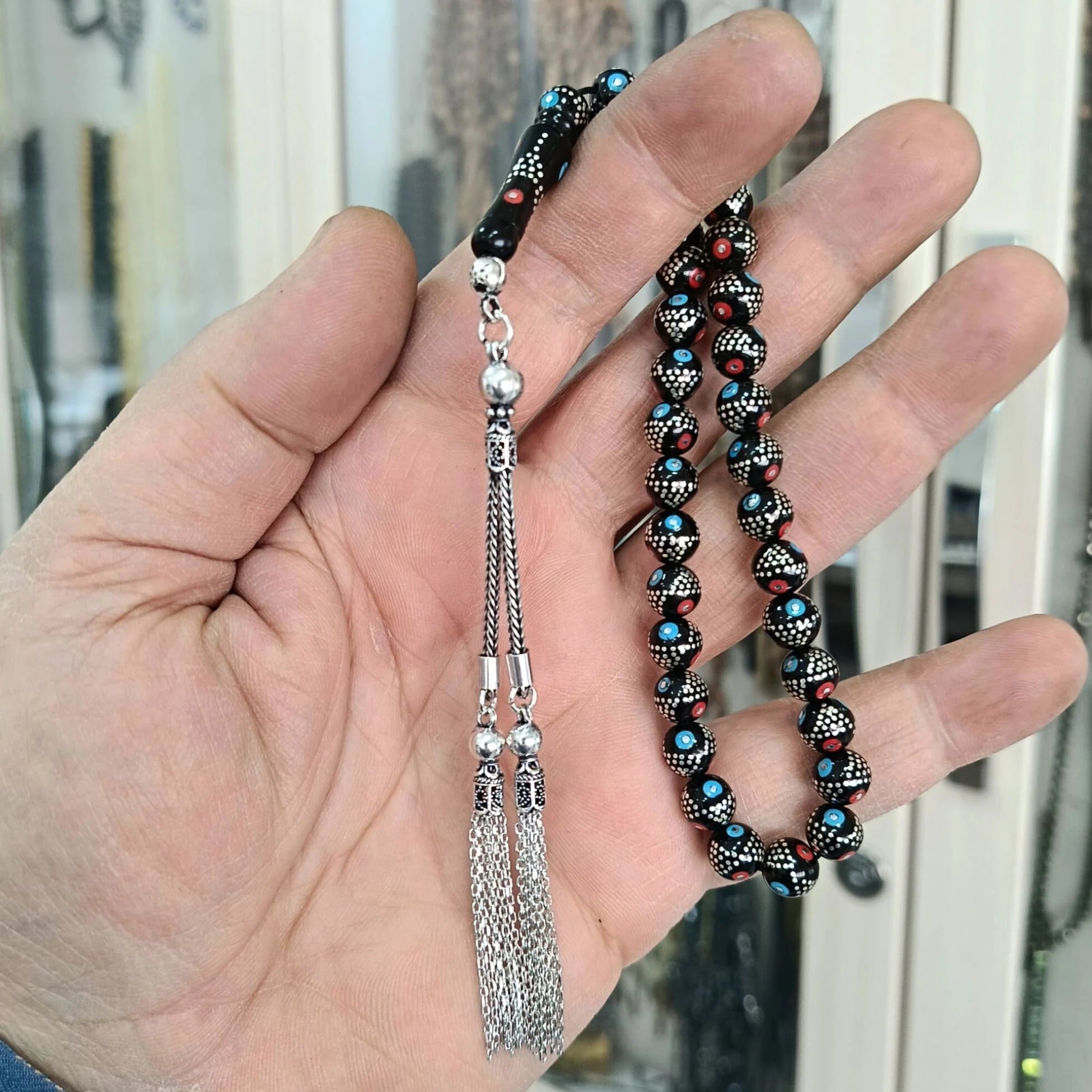 Firuze Mercan ve Gümüş İşlemeli Bilek Boy Hakiki Erzurum Oltu Taşı Tesbih 8 mm