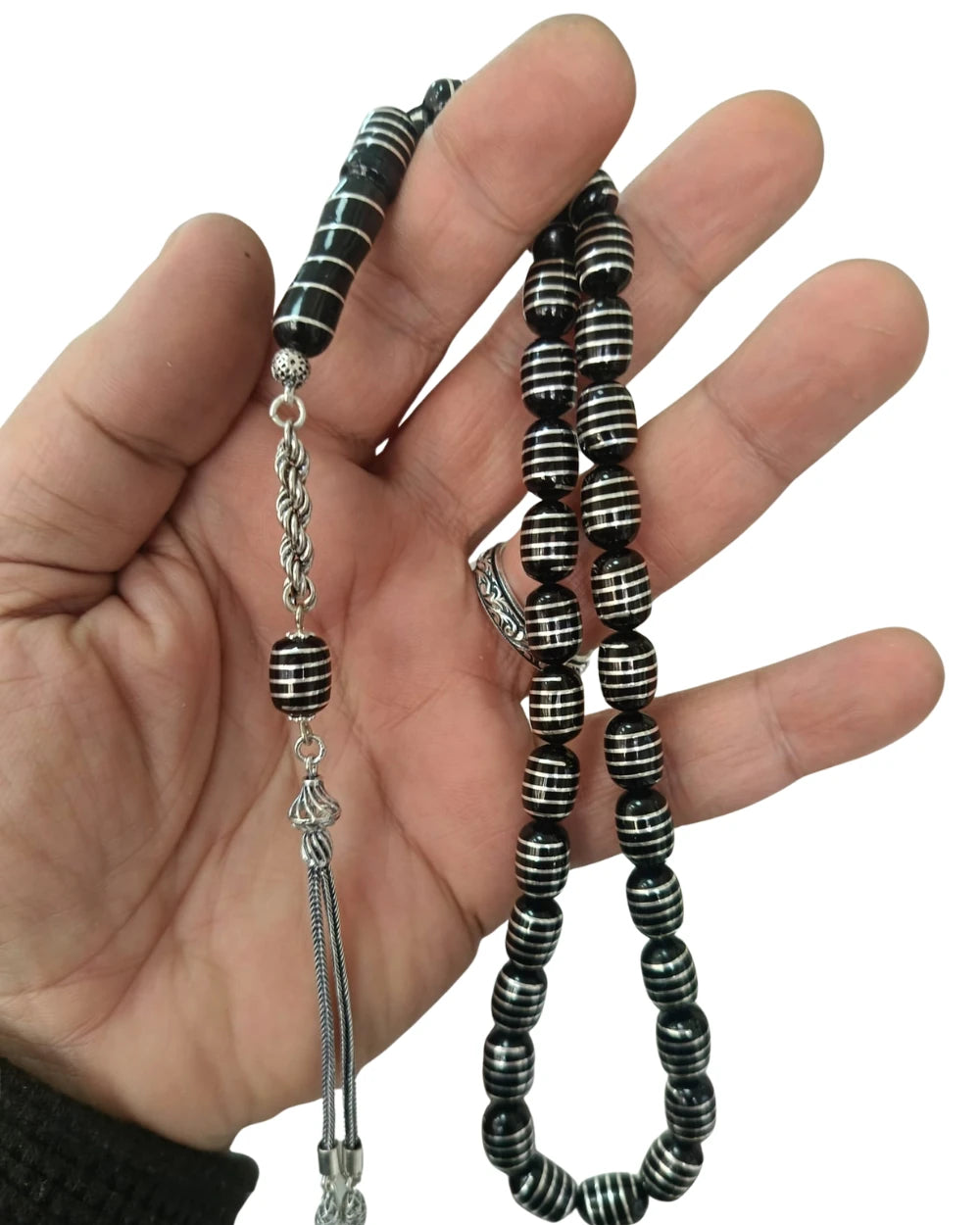 Gümüş Helezon İşlemeli Sertifikalı Erzurum Oltu Taşı Tesbih 8 X 12 mm