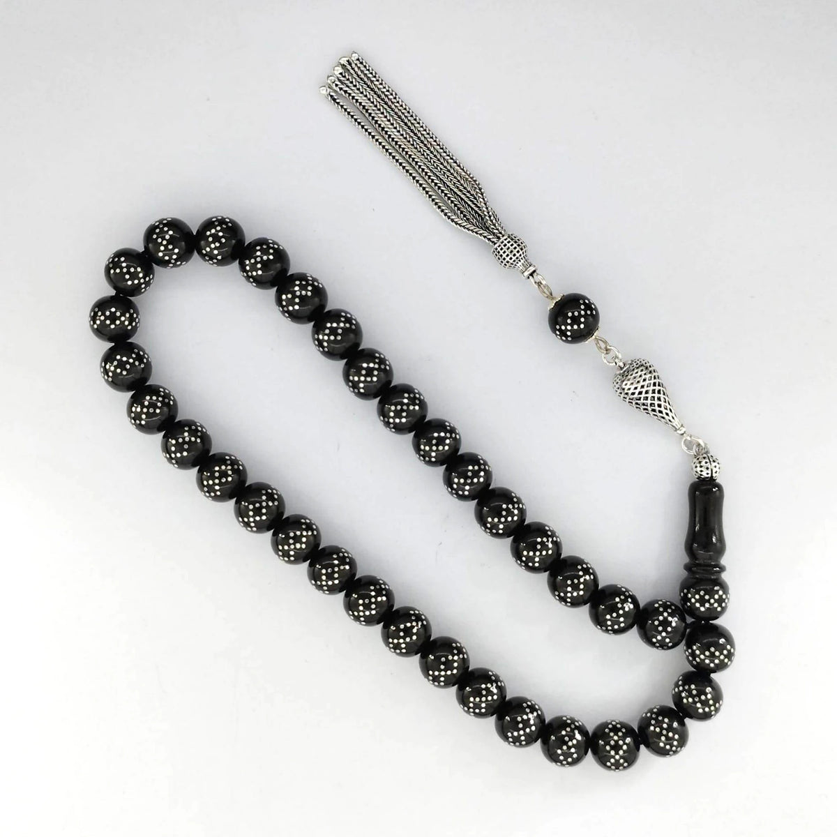 Silver Engraved Silver Tasselled Oltu Prayer Beads