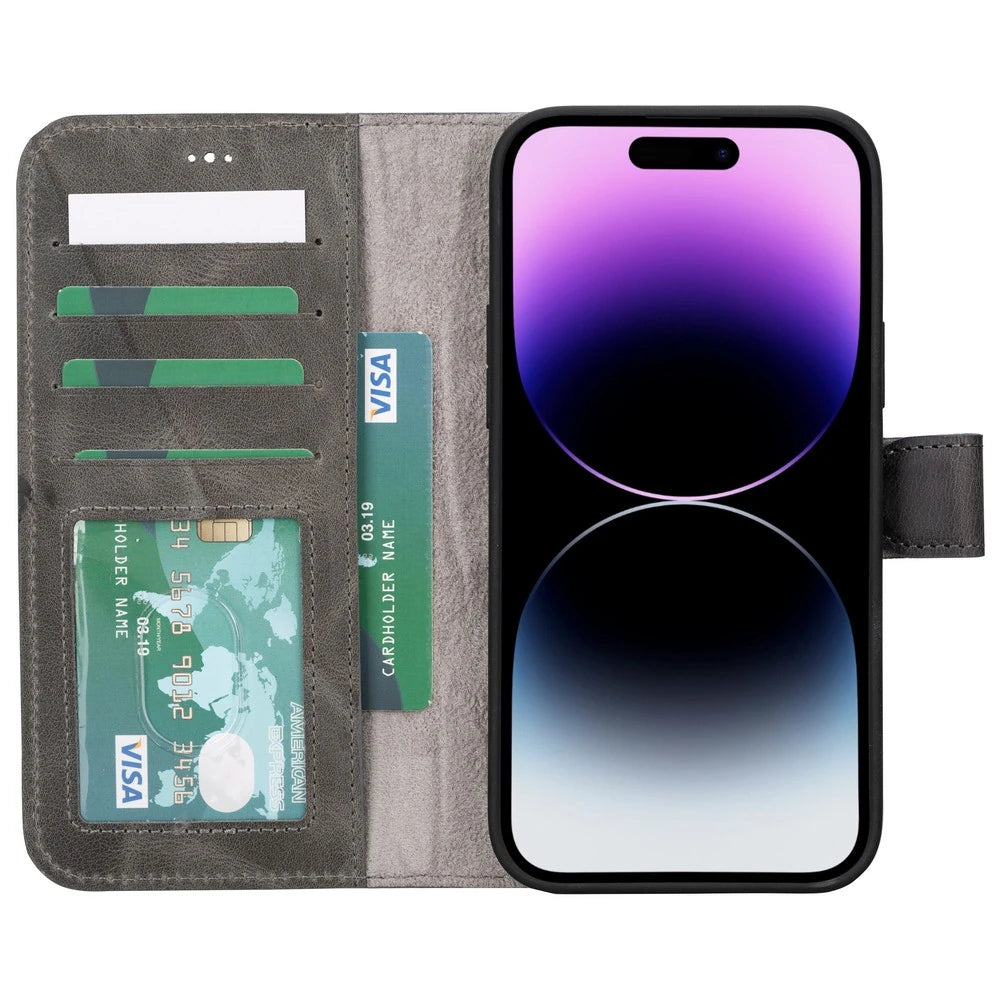 Apple iPhone 15 Plus Uyumlu Deri Cüzdanlı Kılıf MWWN VS4EF Gri