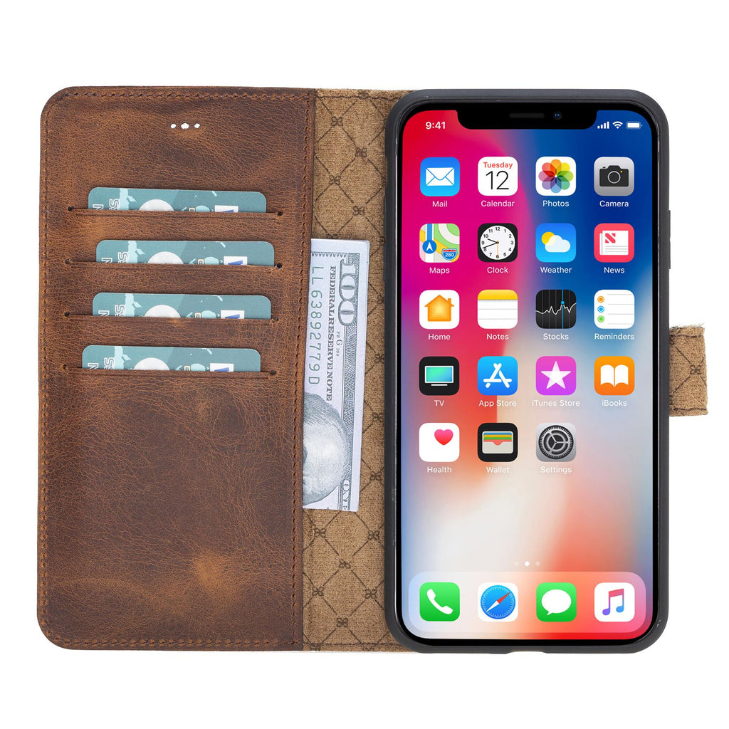 Apple iPhone X-XS Uyumlu Deri Cüzdanlı Kılıf Leopar