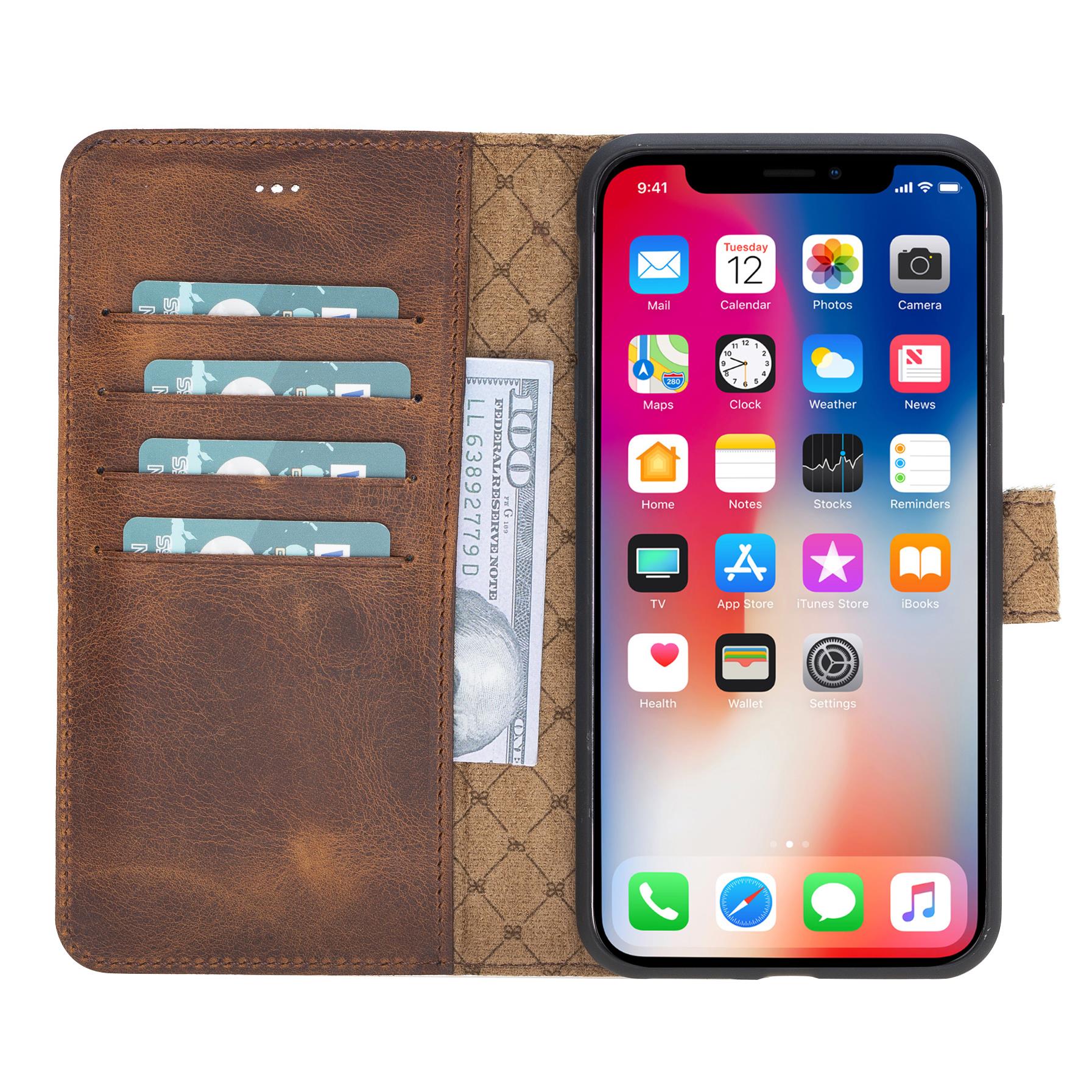 Apple iPhone X-XS Uyumlu Deri Cüzdanlı Kılıf Leopar