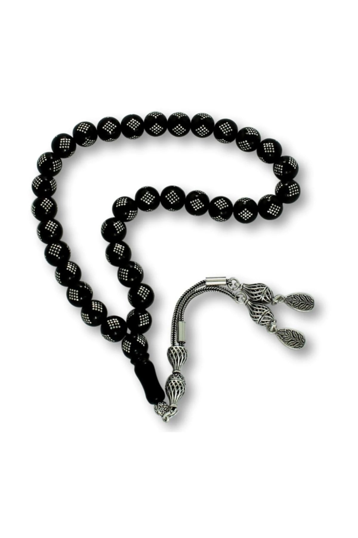 Men's 925 K Baklava Patterned Silver Engraved Oltu Prayer Beads