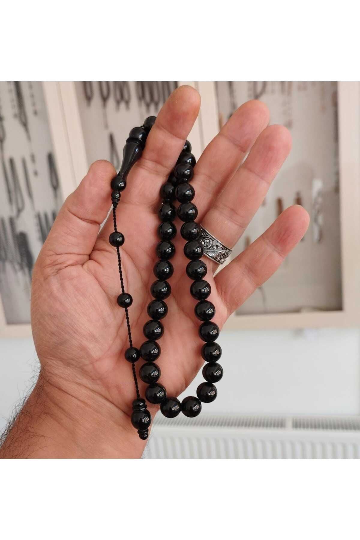 Men's Certified Erzurum Oltu Stone Sphere Cut Sistemli Kumpaslı Plain Prayer Beads 11 mm
