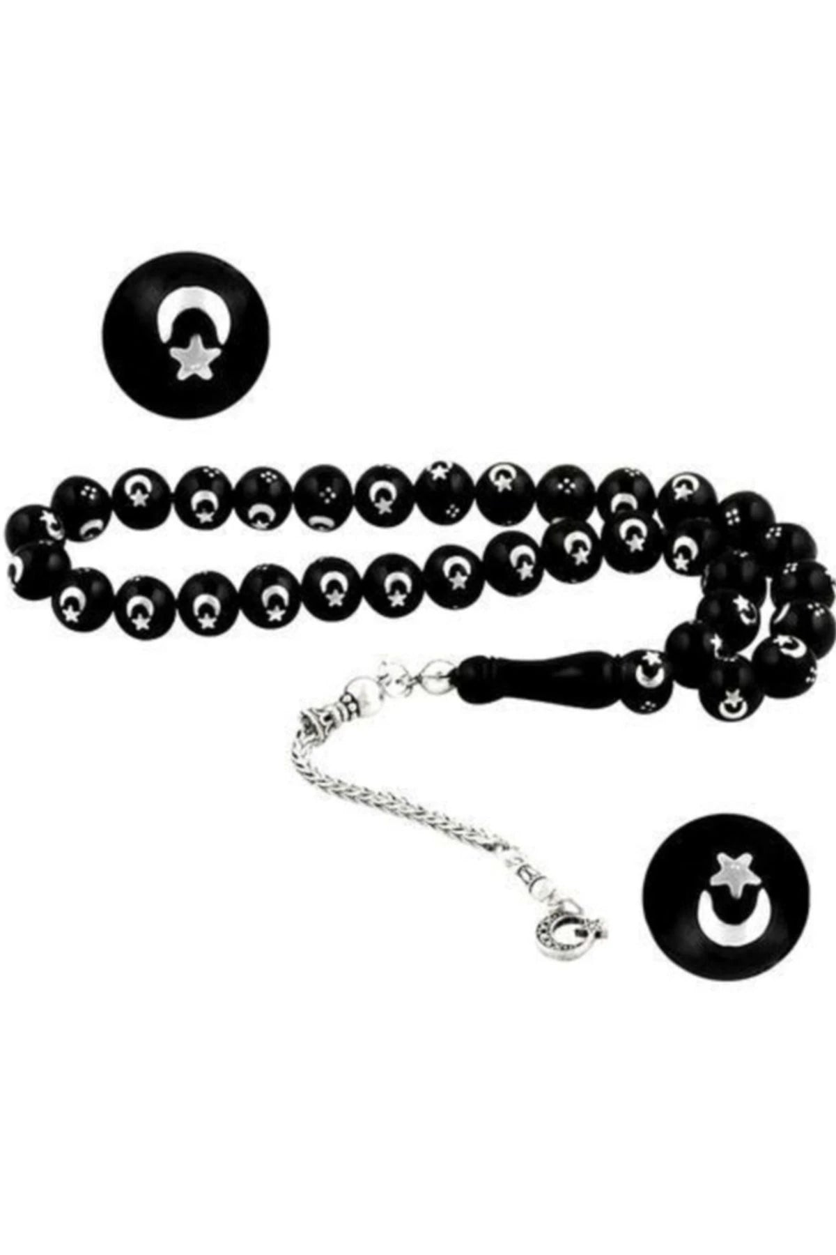 Silver Star and Crescent Engraved Hakiki Erzurum Oltu Stone Prayer Beads